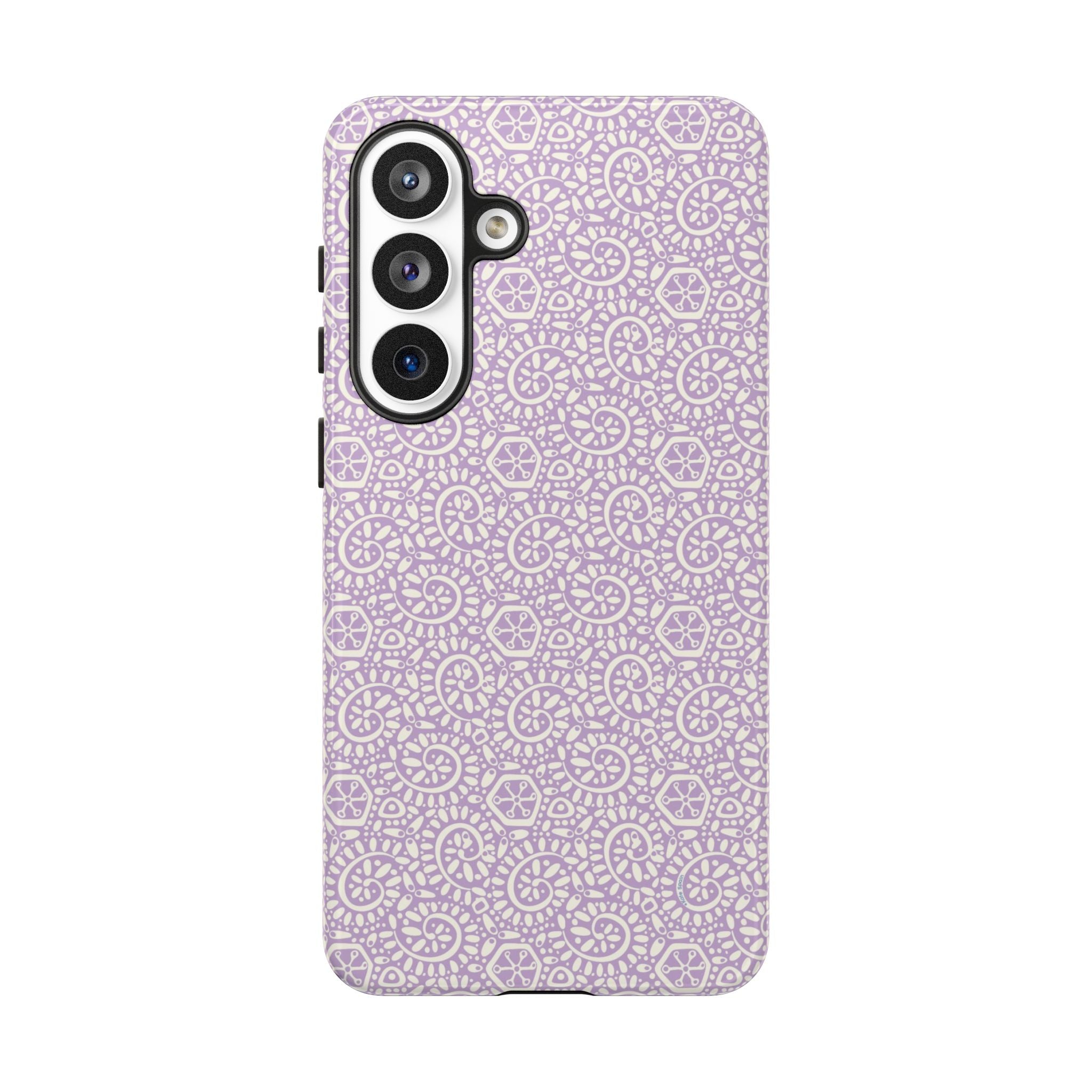 Canto Swirls Lavender Samsung Galaxy S26 Plus Glossy Case — lavender hard case covered in an intricate folk-art medallion pattern of radiating circular motifs, dot clusters, and geometric centers