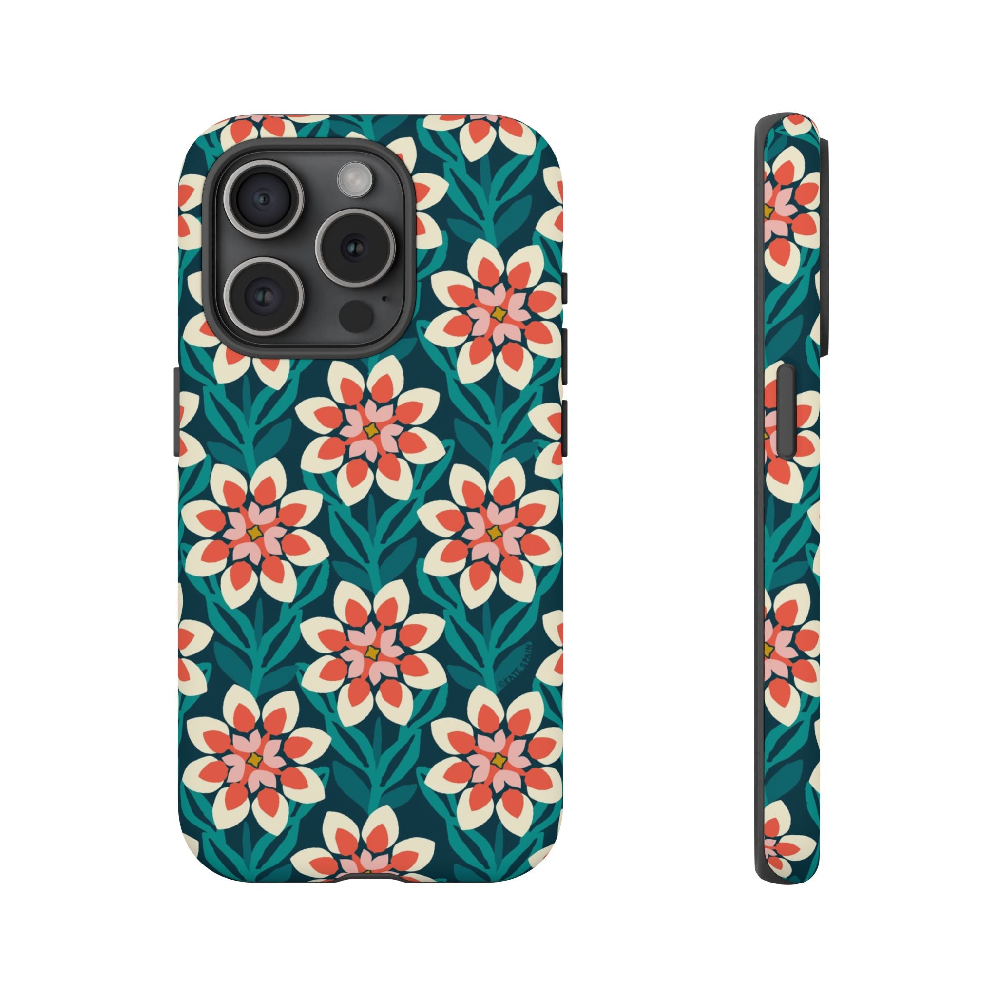 Modern Dahlia Tough iPhone 15 Pro Case – Matte | teal, coral, cream geometric dahlia floral print