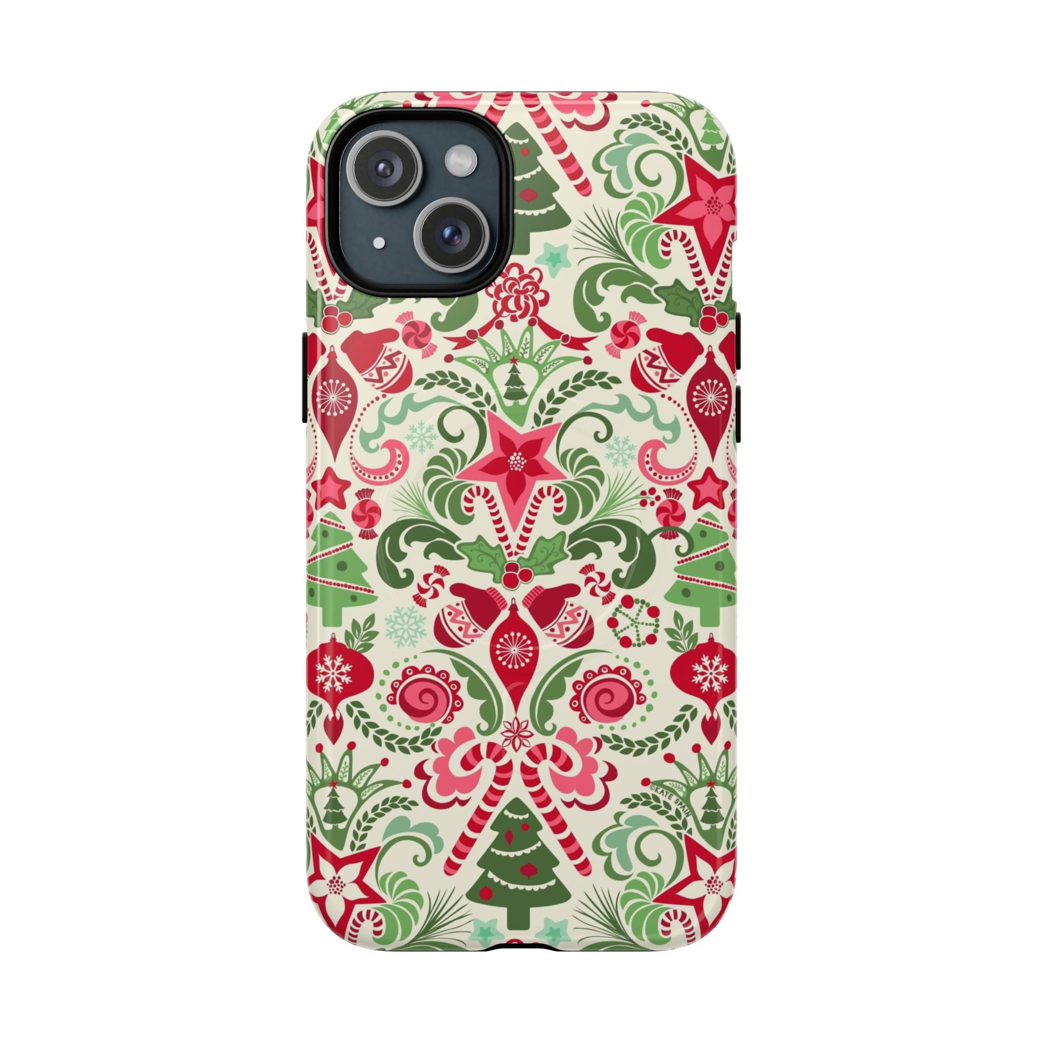 Wonderland MagSafe iPhone 15 Plus Case – Glossy | cream, red, and green Christmas holiday medallion print with ornaments, candy canes, trees, and stars