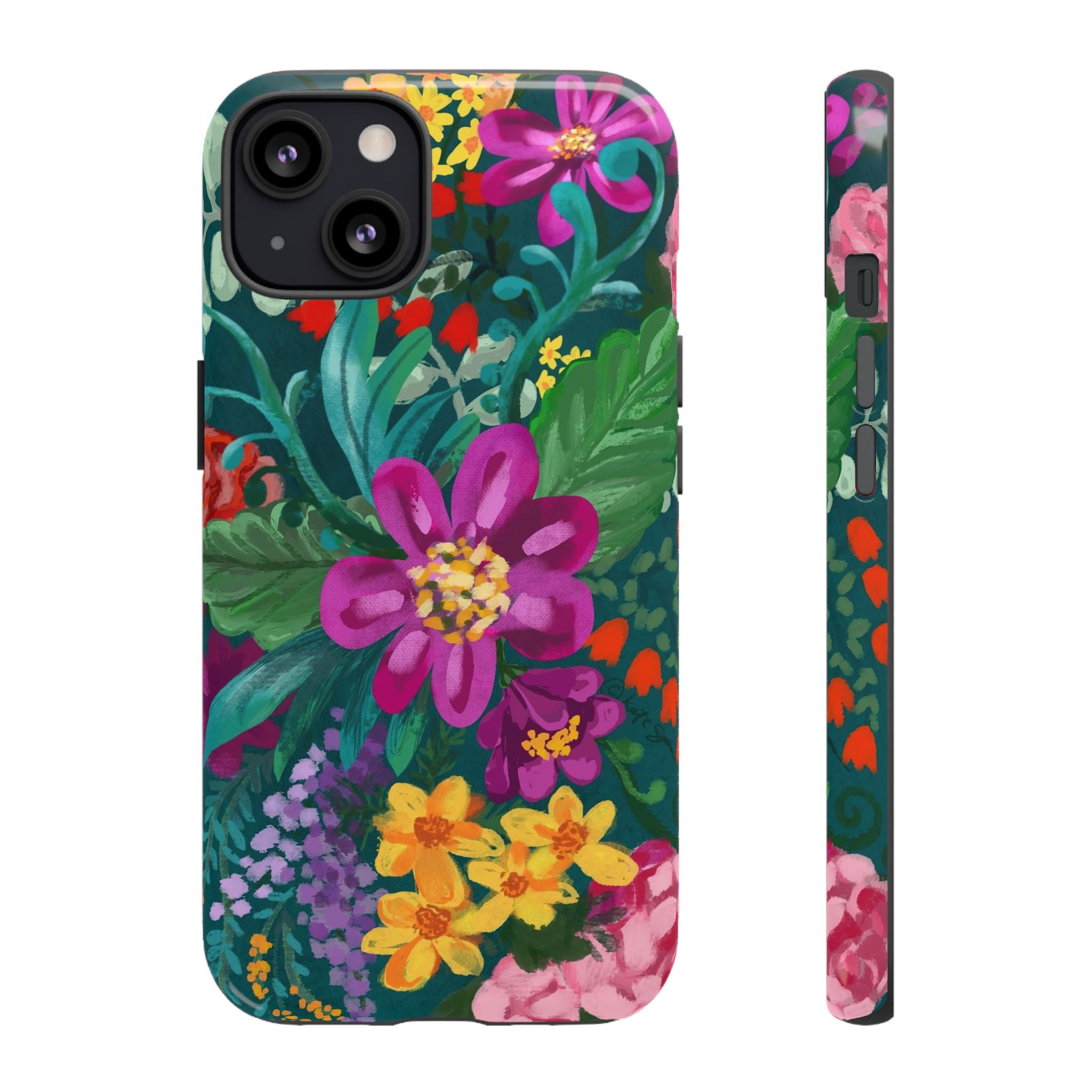 Posy Tough iPhone 13 Case – Matte | teal, purple, magenta, yellow botanical wildflower print