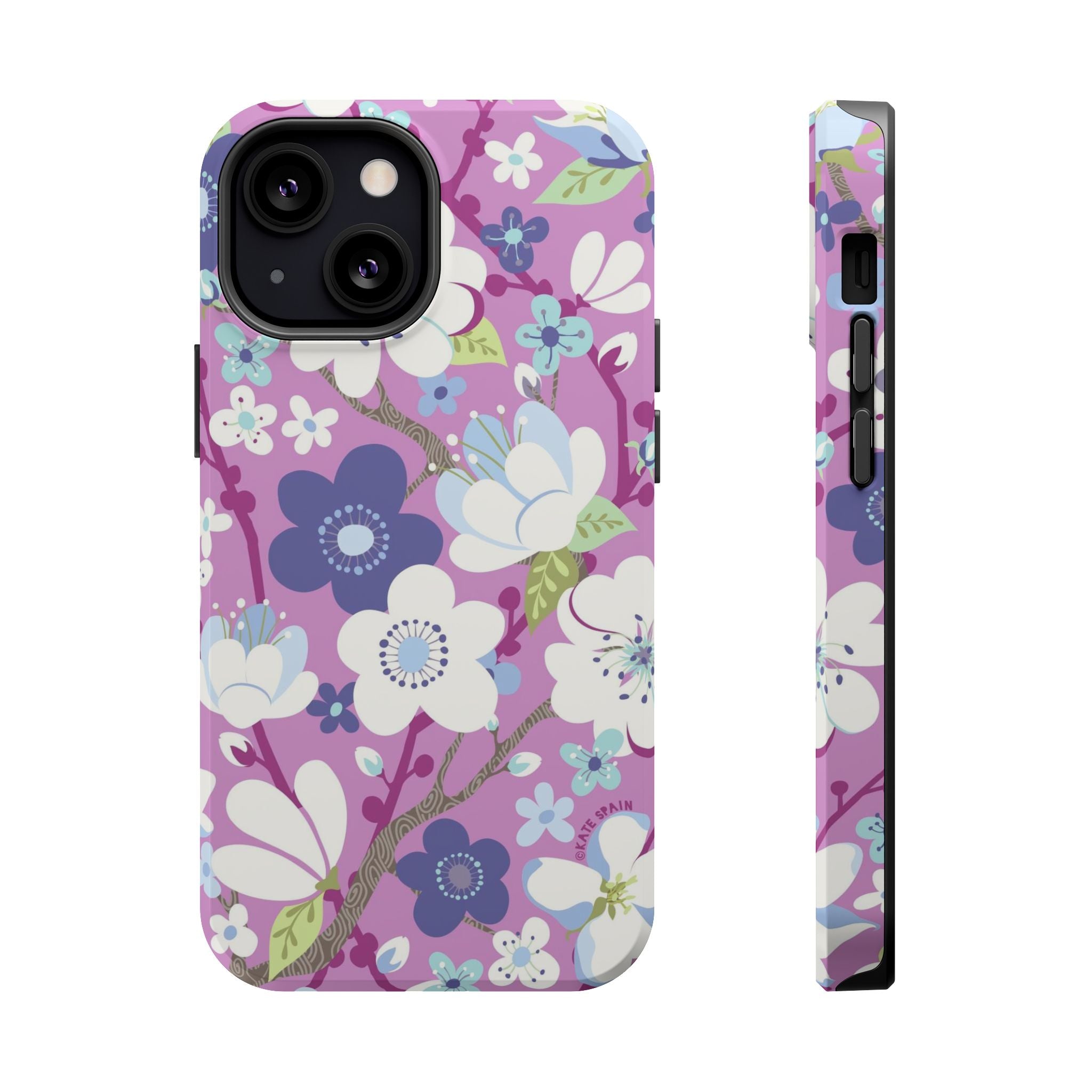 Luxury Cherry Blossom MagSafe iPhone 14 Plus Case – Glossy | mauve, purple, blue, white cherry blossom print