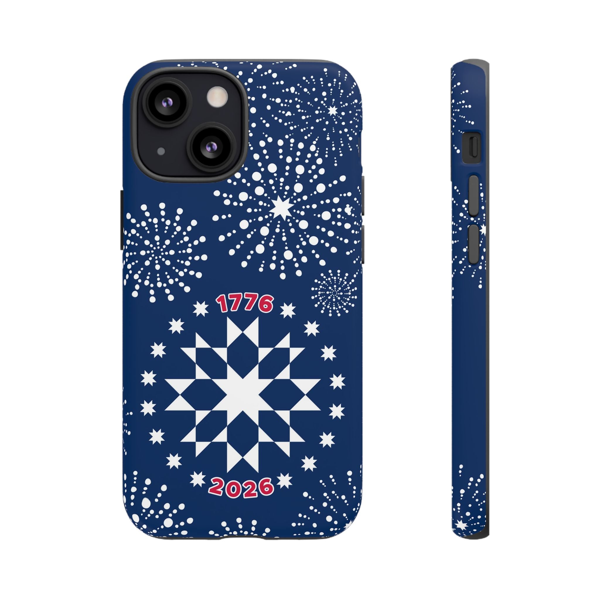 250th Fireworks Tough iPhone 13 Mini Case – Matte | navy, white patriotic star quilt fireworks print