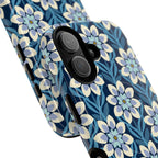 Modern Dahlia MagSafe iPhone 17 Case – close-up of MagSafe ring and camera cutout detail | navy, slate blue, white geometric dahlia tile floral print