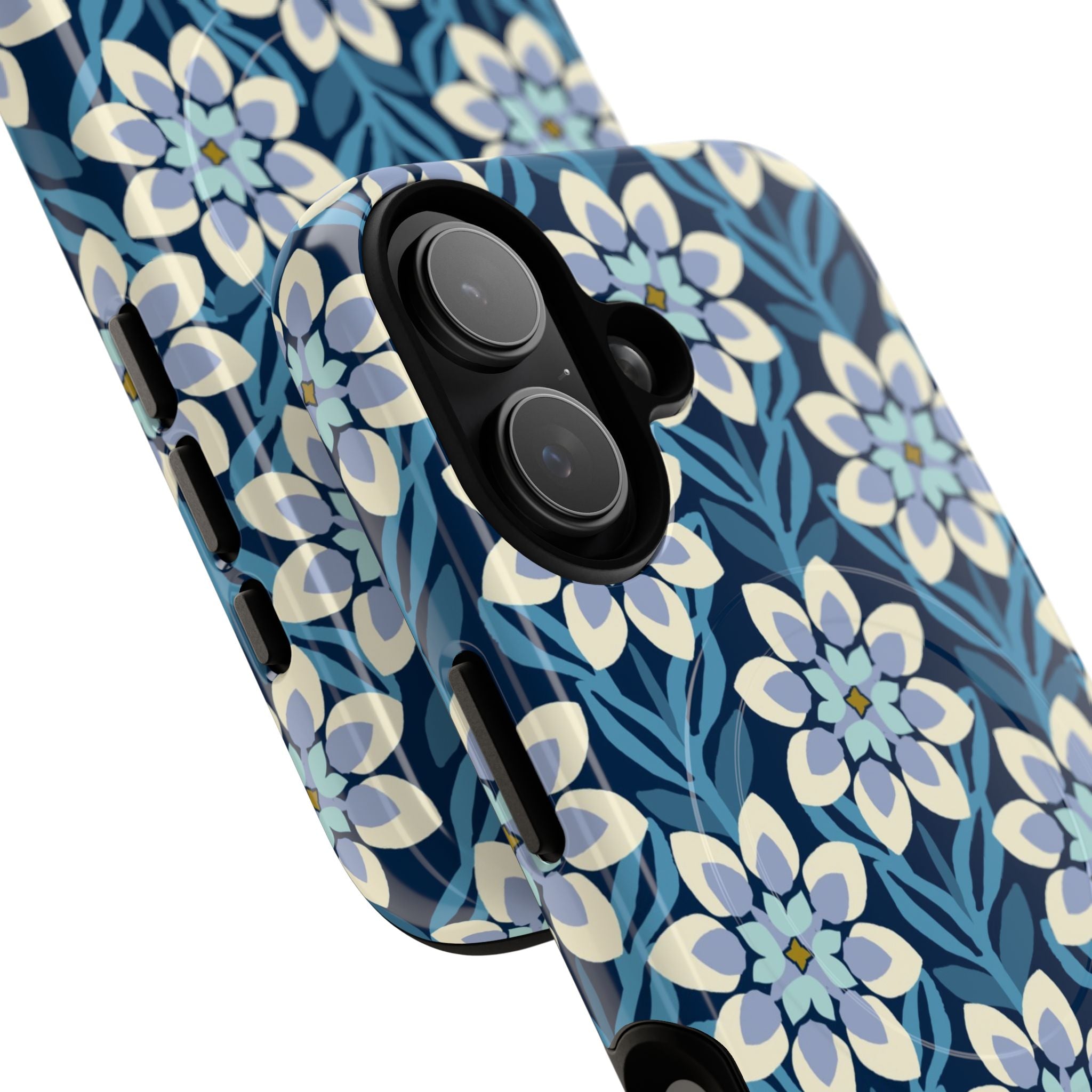 Modern Dahlia MagSafe iPhone 17 Case – close-up of MagSafe ring and camera cutout detail | navy, slate blue, white geometric dahlia tile floral print