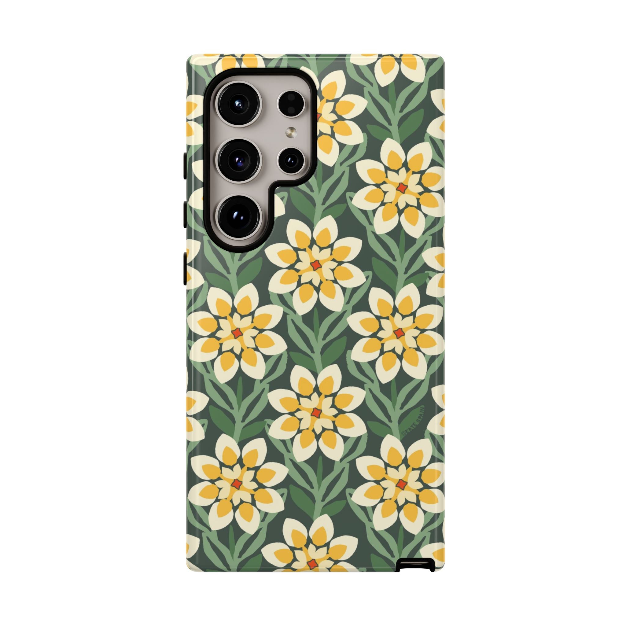 Luxury Modern Dahlia Samsung Galaxy S24 Ultra Case – Glossy | forest green, yellow, cream modern dahlia print