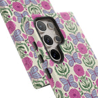 Luxury Butterfly Samsung Galaxy S24 Ultra Case – Glossy | close-up 5 lenses in camera cutout in case in cream, magenta, periwinkle butterfly floral print