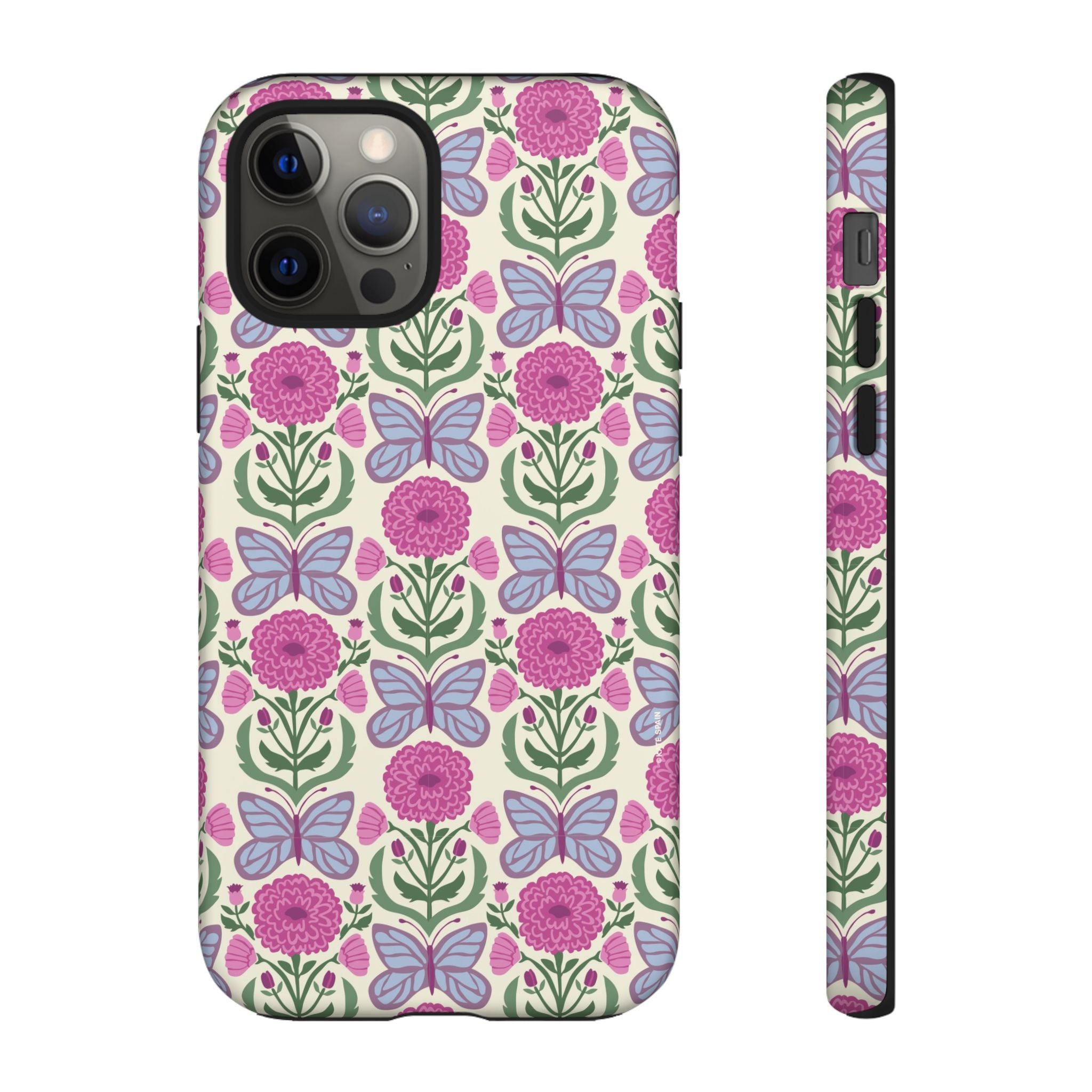 Butterfly Tough iPhone 12 Pro Case – Matte | cream, magenta, periwinkle butterfly floral print