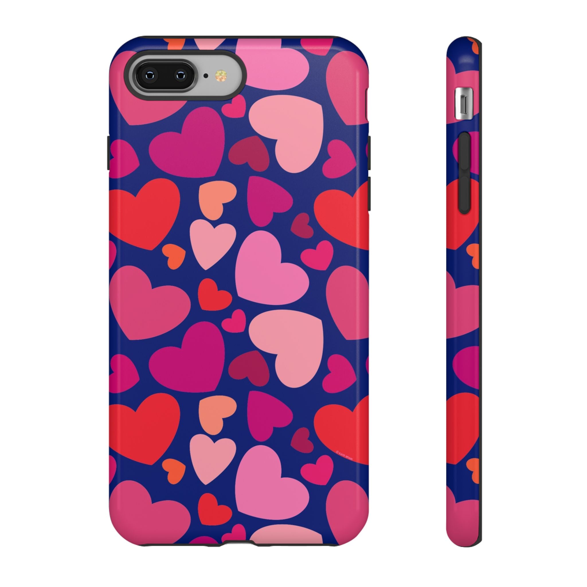 Hearts Tough iPhone 8 Plus Case – Glossy | navy, pink, red, coral scattered heart print
