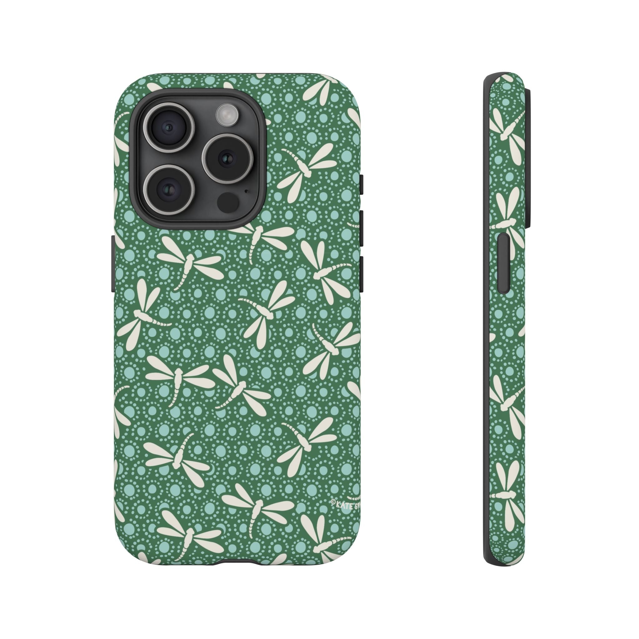 Designer Dragonfly Tough iPhone 15 Pro Case – Matte | jade green, aqua, cream dragonfly print