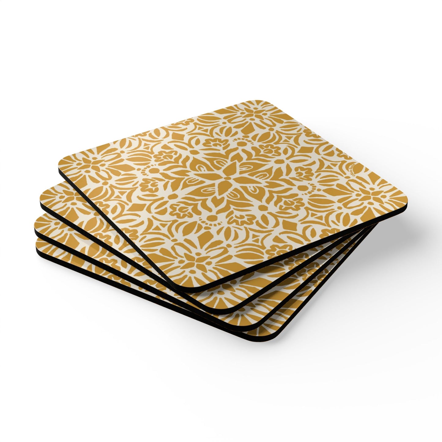Set of four square coasters with a yellow floral pattern on a white background