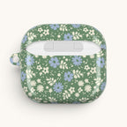 AirPods Gen 4 case, back side of case showing opening for lid hinge – Glossy | periwinkle and cream ditsy flowers on sage green ground
