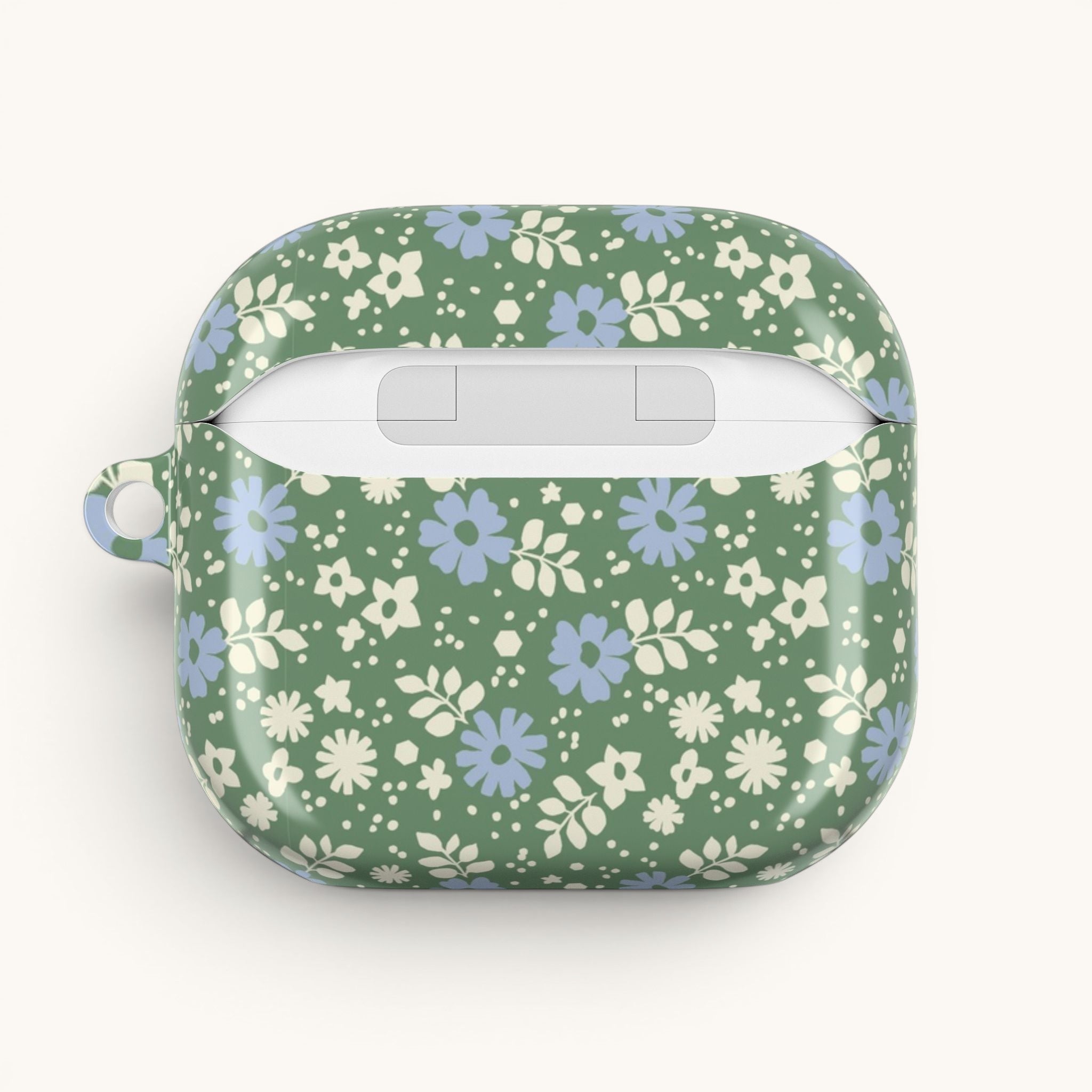 AirPods Gen 4 case, back side of case showing opening for lid hinge – Glossy | periwinkle and cream ditsy flowers on sage green ground