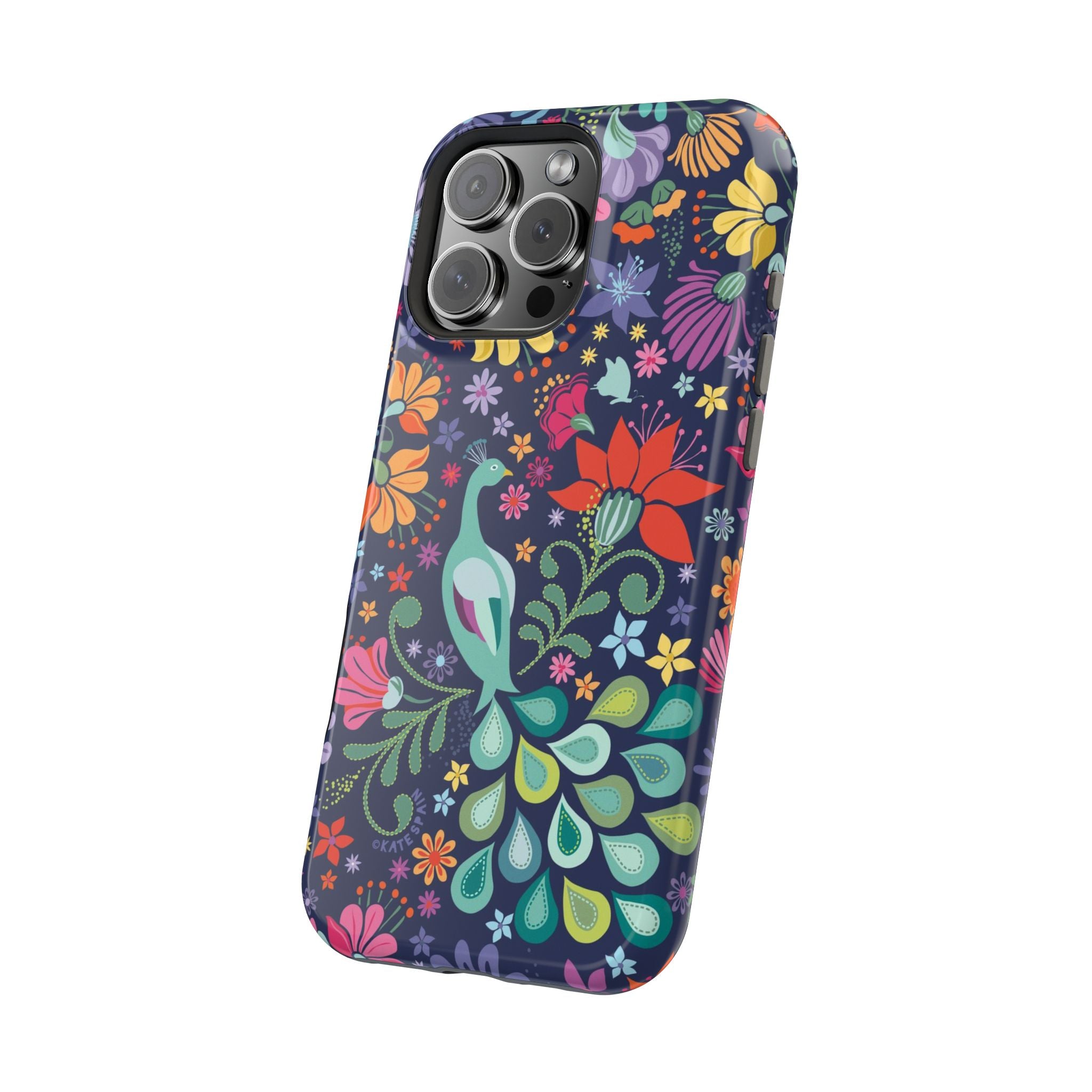Peacock Sanctuary MagSafe iPhone 16 Pro Max Case – Glossy angled view | navy, teal, ivory peacock botanical print MagSafe compatible, dual-layer protection