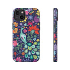 Peacock Sanctuary Tough iPhone 14 Plus Case – Glossy | navy, teal, coral multicolor vibrant peacock feather botanical print