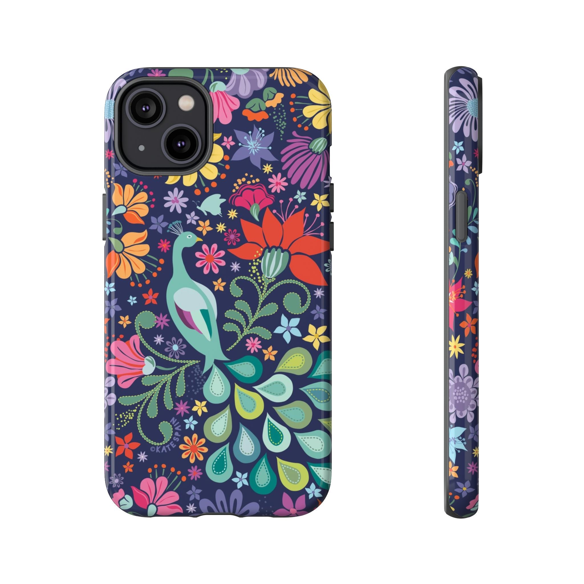 Peacock Sanctuary Tough iPhone 14 Plus Case – Glossy | navy, teal, coral multicolor vibrant peacock feather botanical print