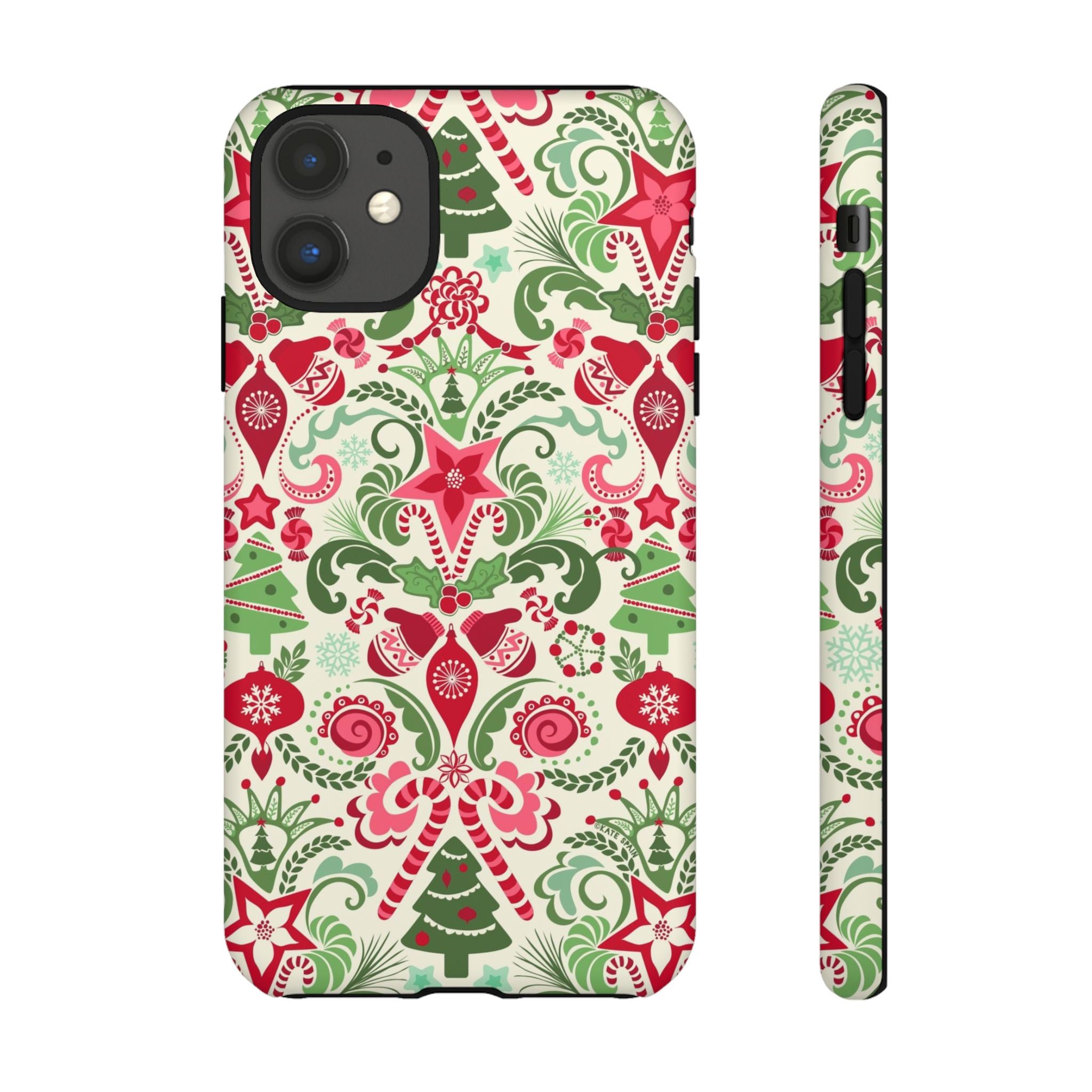 Wonderland Tough iPhone 11 Case – Matte | cream, red, green Christmas ornament damask print