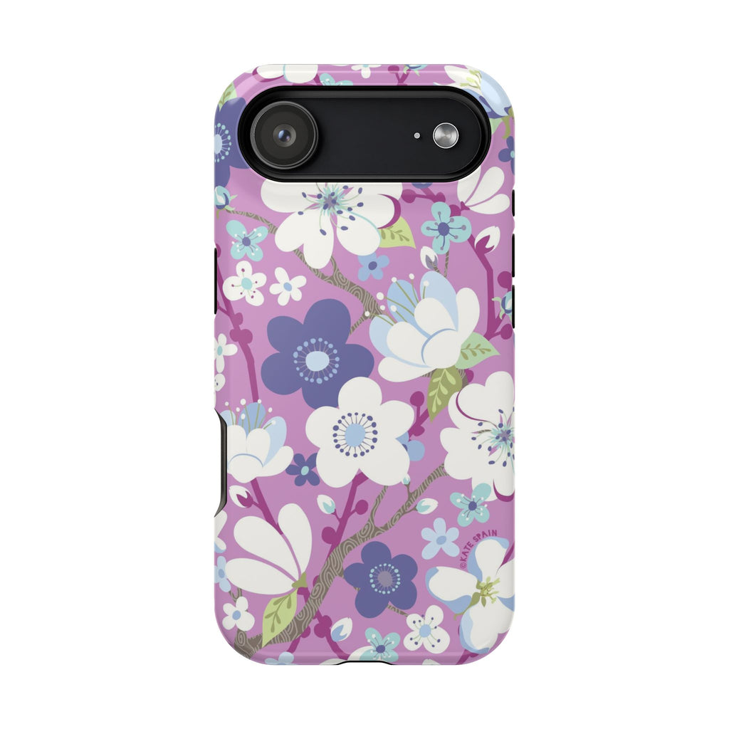 Luxury Cherry Blossom MagSafe iPhone 17 Air Case – Glossy | mauve, purple, blue, white cherry blossom print