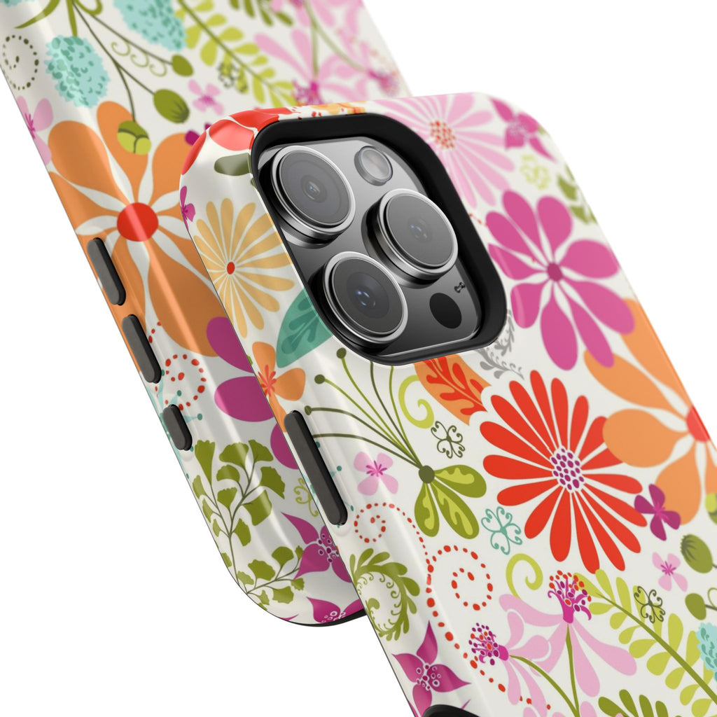 Luxury Terrain MagSafe iPhone 16 Pro Max Case – Glossy | detailed view of 3 lenses in camera in case in white, magenta, coral botanical woodland floral print