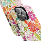 Luxury Terrain MagSafe iPhone 16 Pro Max Case – Glossy | detailed view of 3 lenses in camera in case in white, magenta, coral botanical woodland floral print