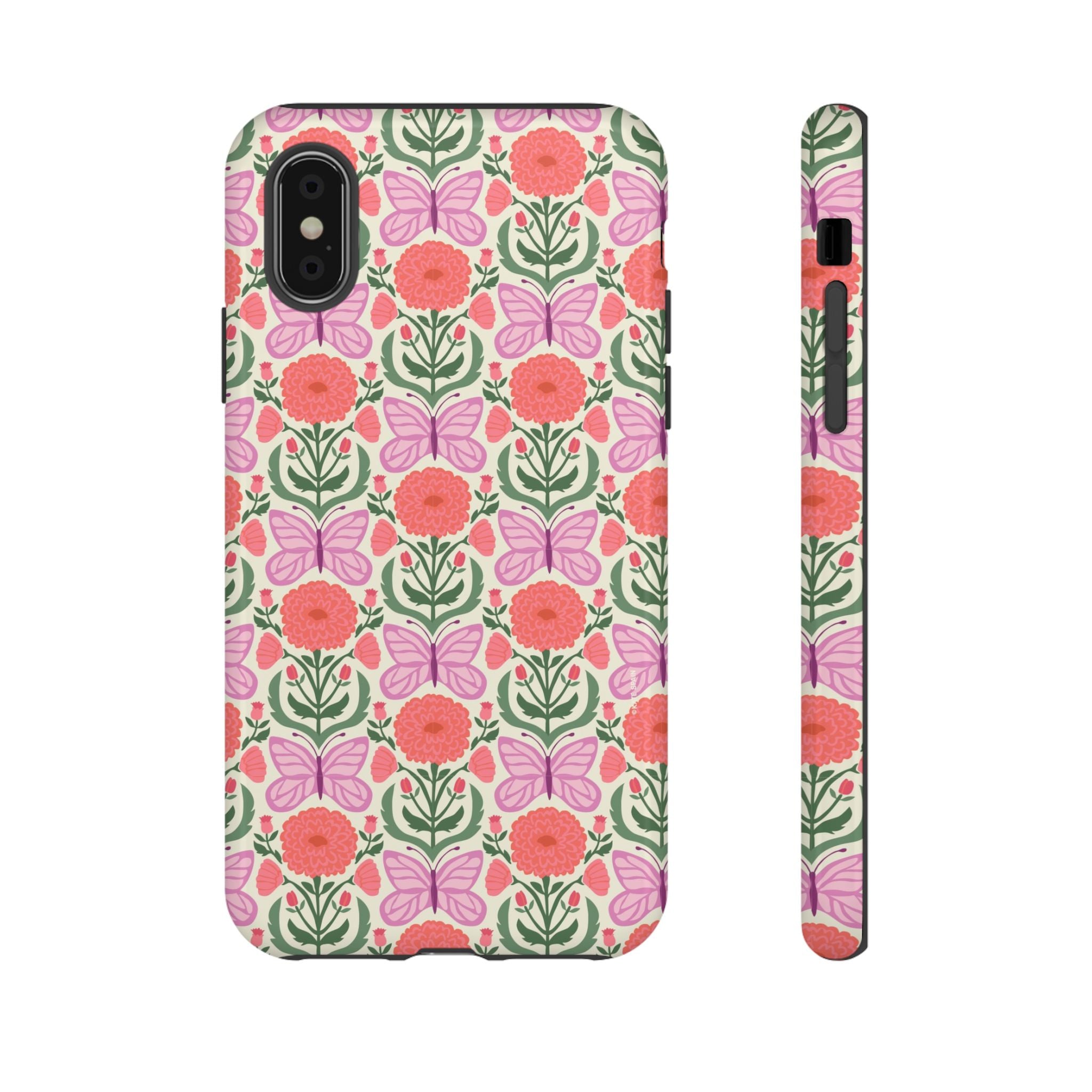 Pink Butterfly Tough iPhone XS Case – Glossy | pink, coral, green, cream butterfly floral print