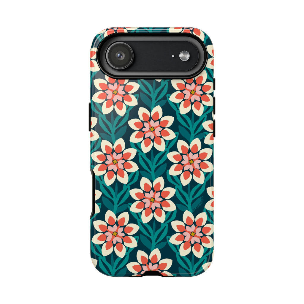 Modern Dahlia Tough iPhone 17 Air Case – Glossy | teal, coral, cream geometric dahlia floral print