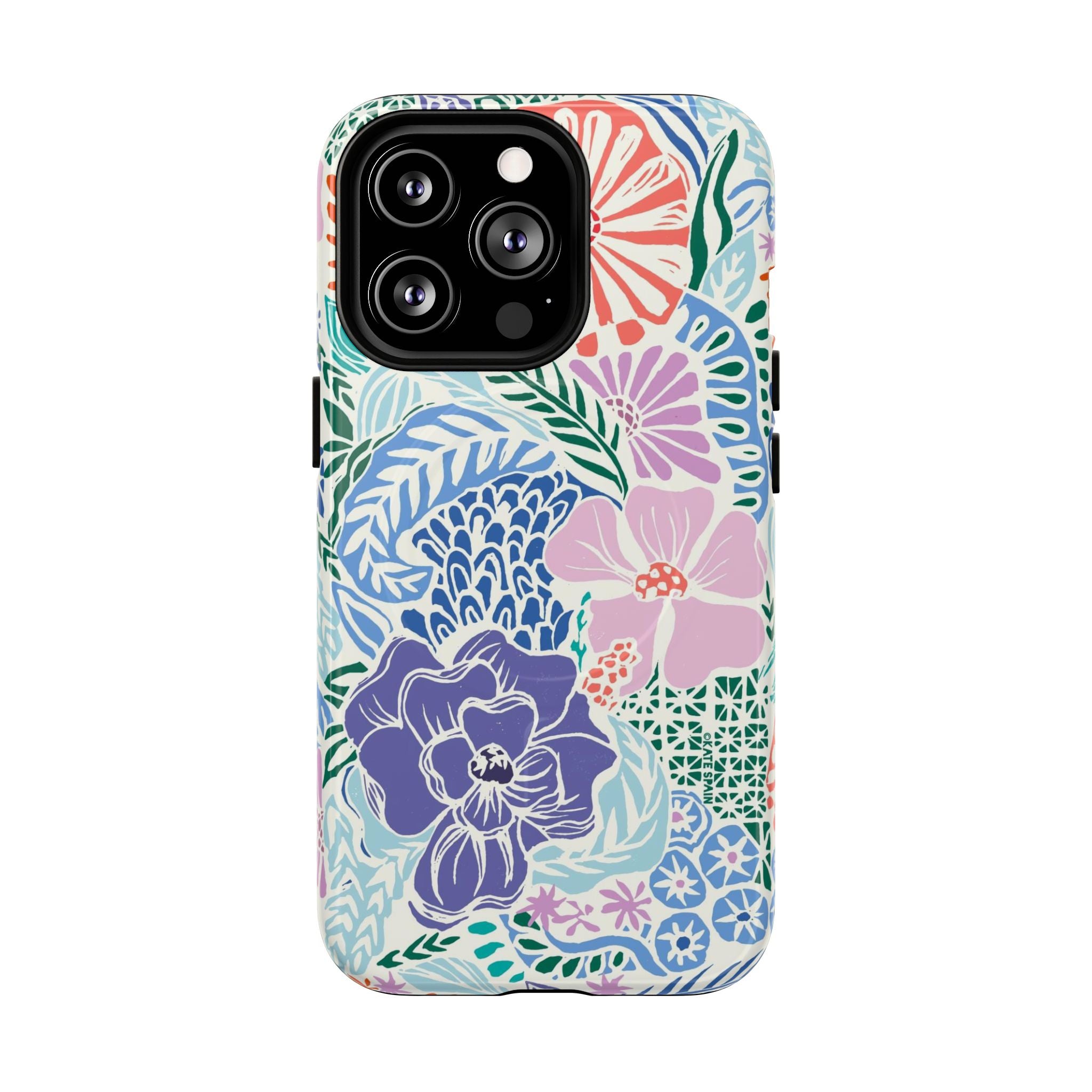 Tropica MagSafe iPhone 13 Pro Case – Glossy | purple, coral, pink, blue botanical tropical floral print