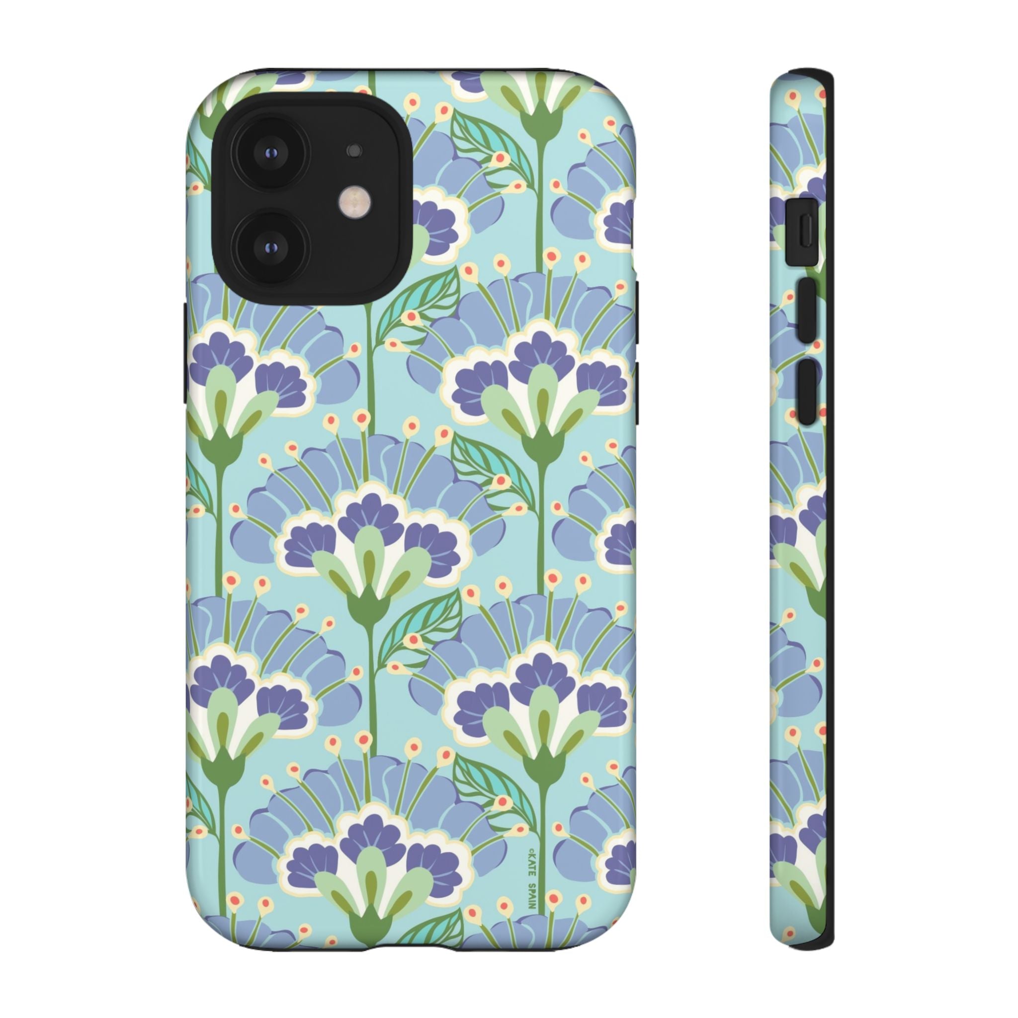 Lantern Flower Tough iPhone 12 Case – Glossy | aqua, periwinkle, green botanical lantern floral print