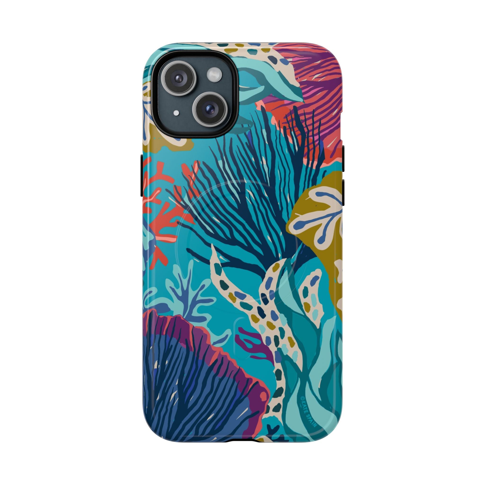 Reef MagSafe iPhone 15 Plus Case – Glossy | teal, coral, navy, purple botanical coral reef print
