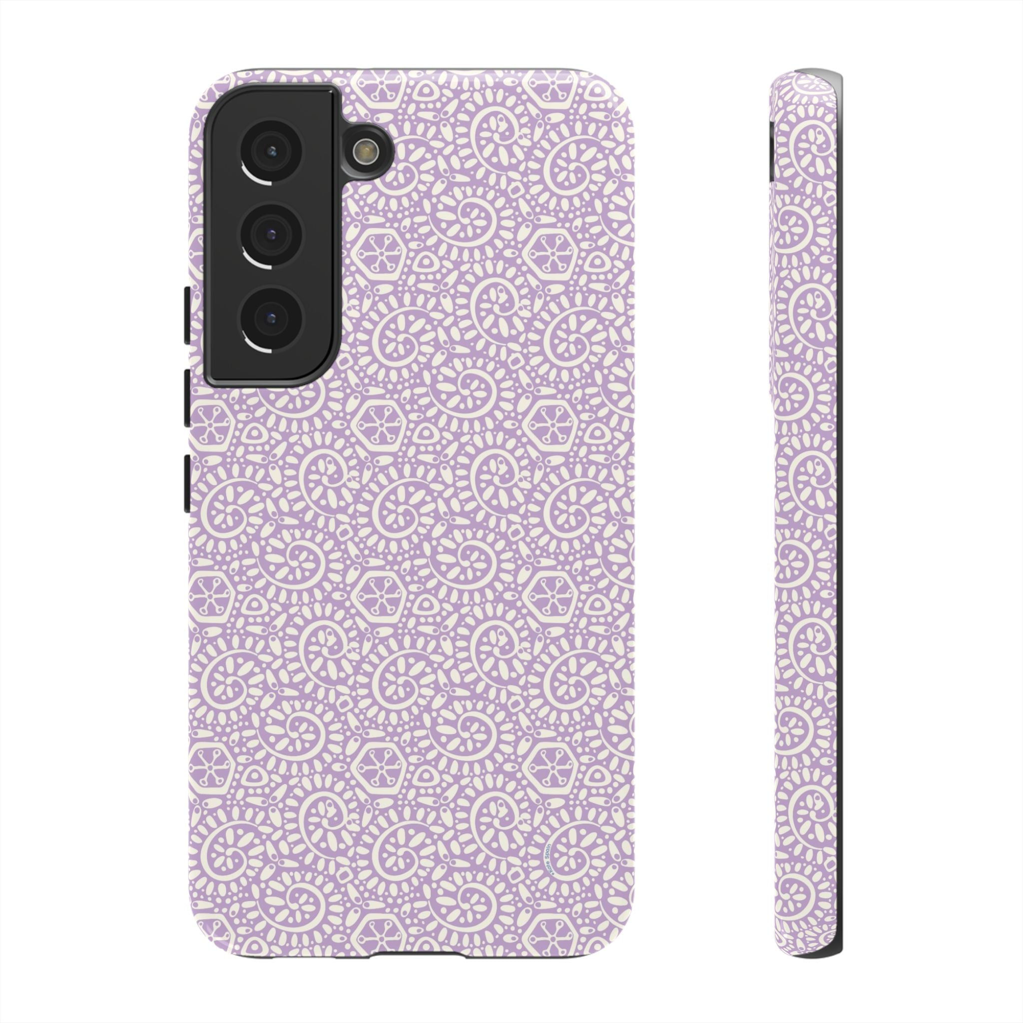 Canto Swirls Lavender Samsung Galaxy S22 Glossy Case — lavender hard case covered in an intricate folk-art medallion pattern of radiating circular motifs, dot clusters, and geometric centers