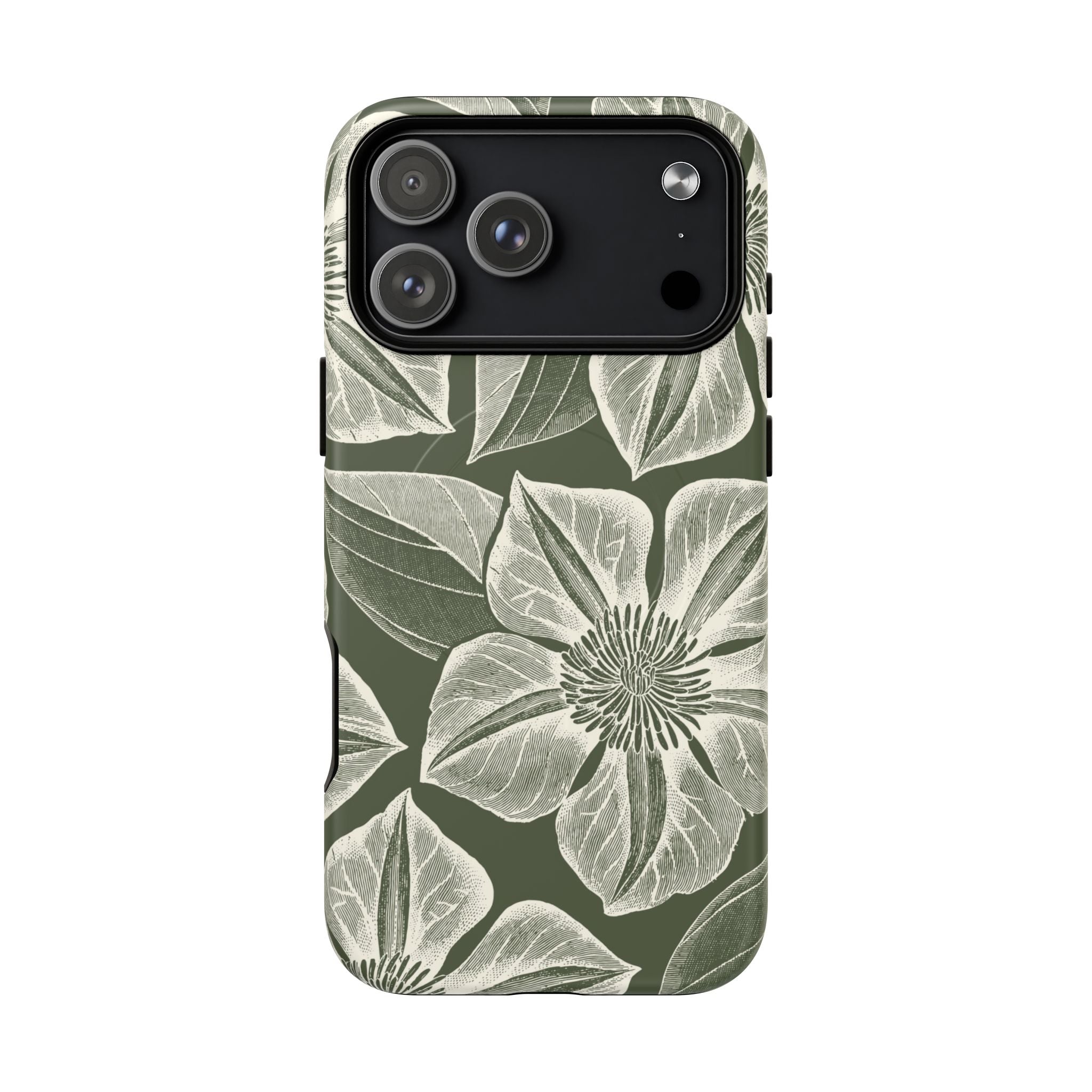 Vintage Bloom Cypress MagSafe iPhone 17 Pro Max – Matte | cypress green ground, large-scale white clematis print, engraved petal detail, dual-layer protection