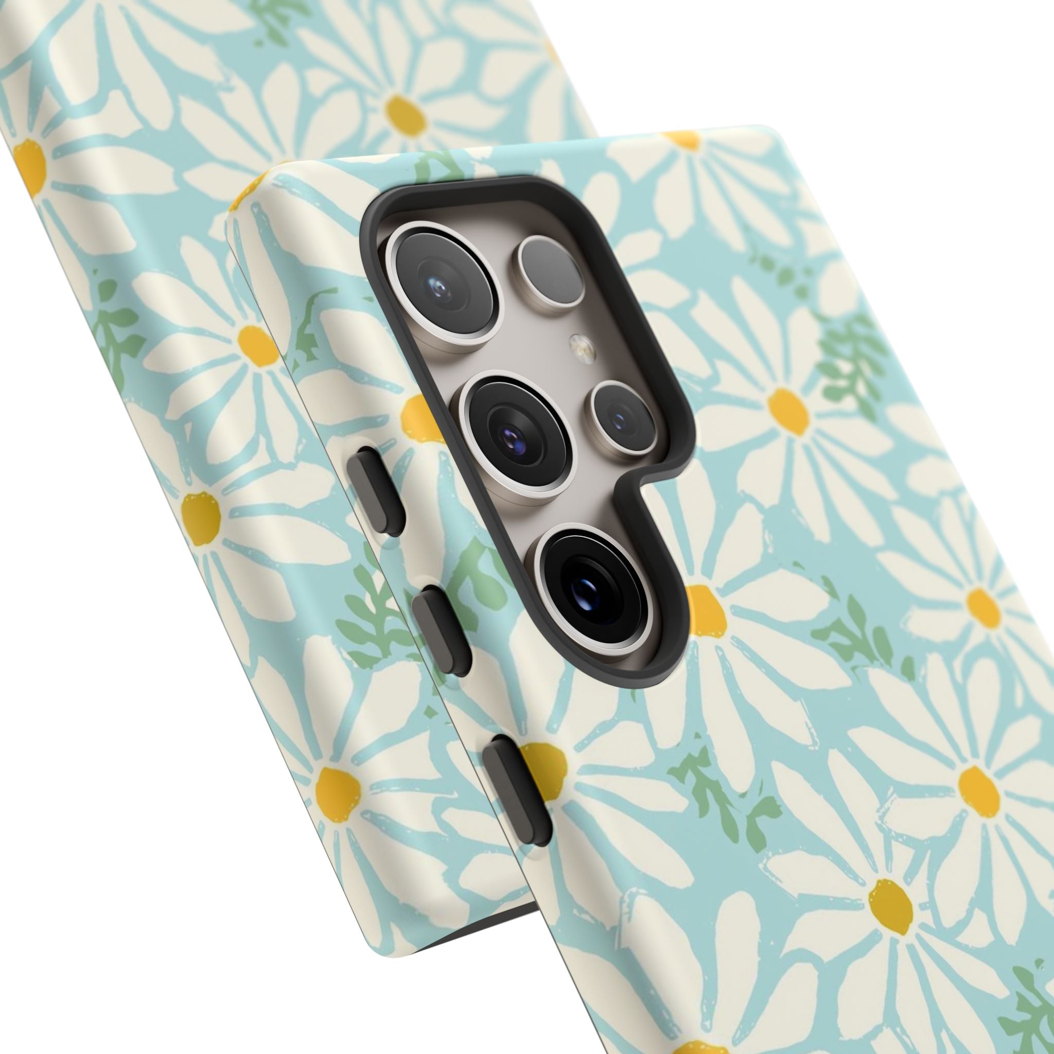 Luxury Daisies Samsung Galaxy S24 Ultra Case – close-up detail of 5 lenses in case | white, yellow, aqua daisy floral print