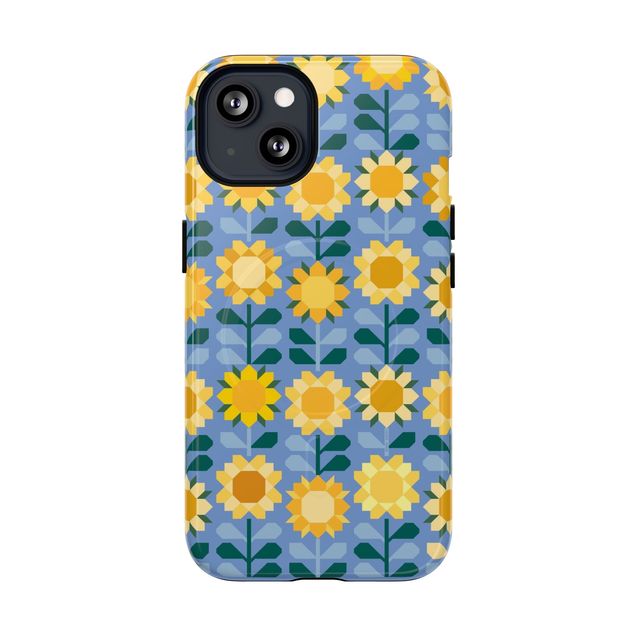 Sunflowers MagSafe iPhone 13 Case – Glossy | blue, yellow, gold geometric sunflower print