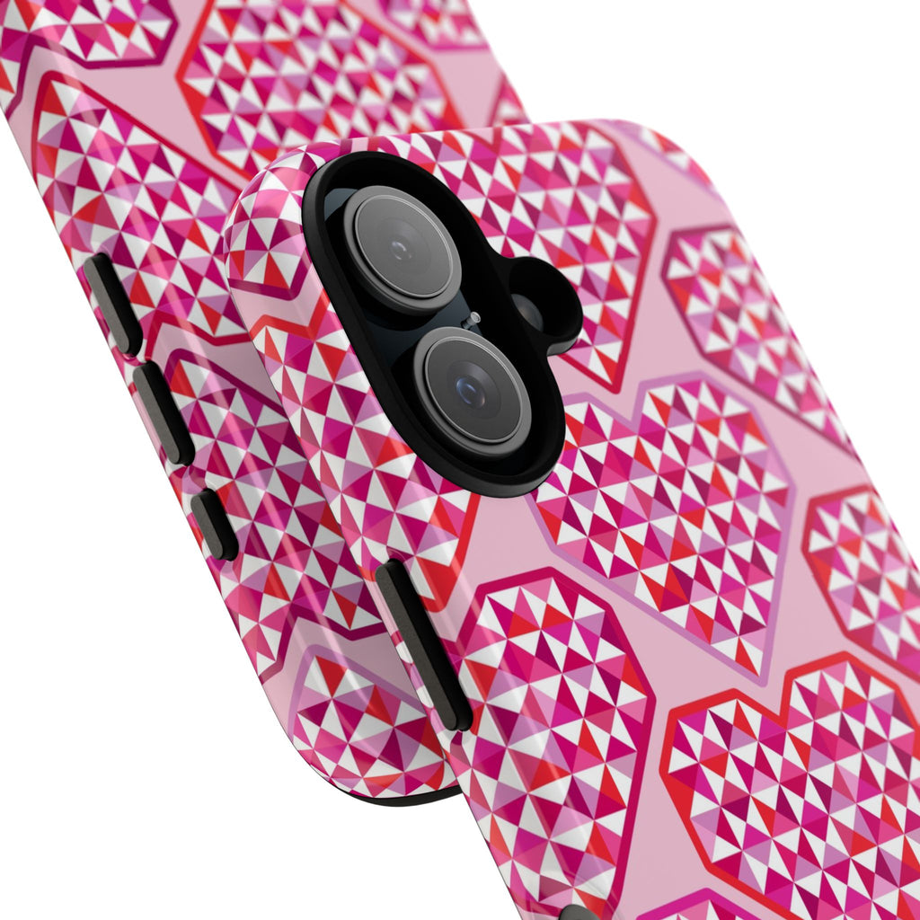 Pink Pyramid Heart Tough iPhone Case – blush, pink, magenta, red geometric pyramid heart print
