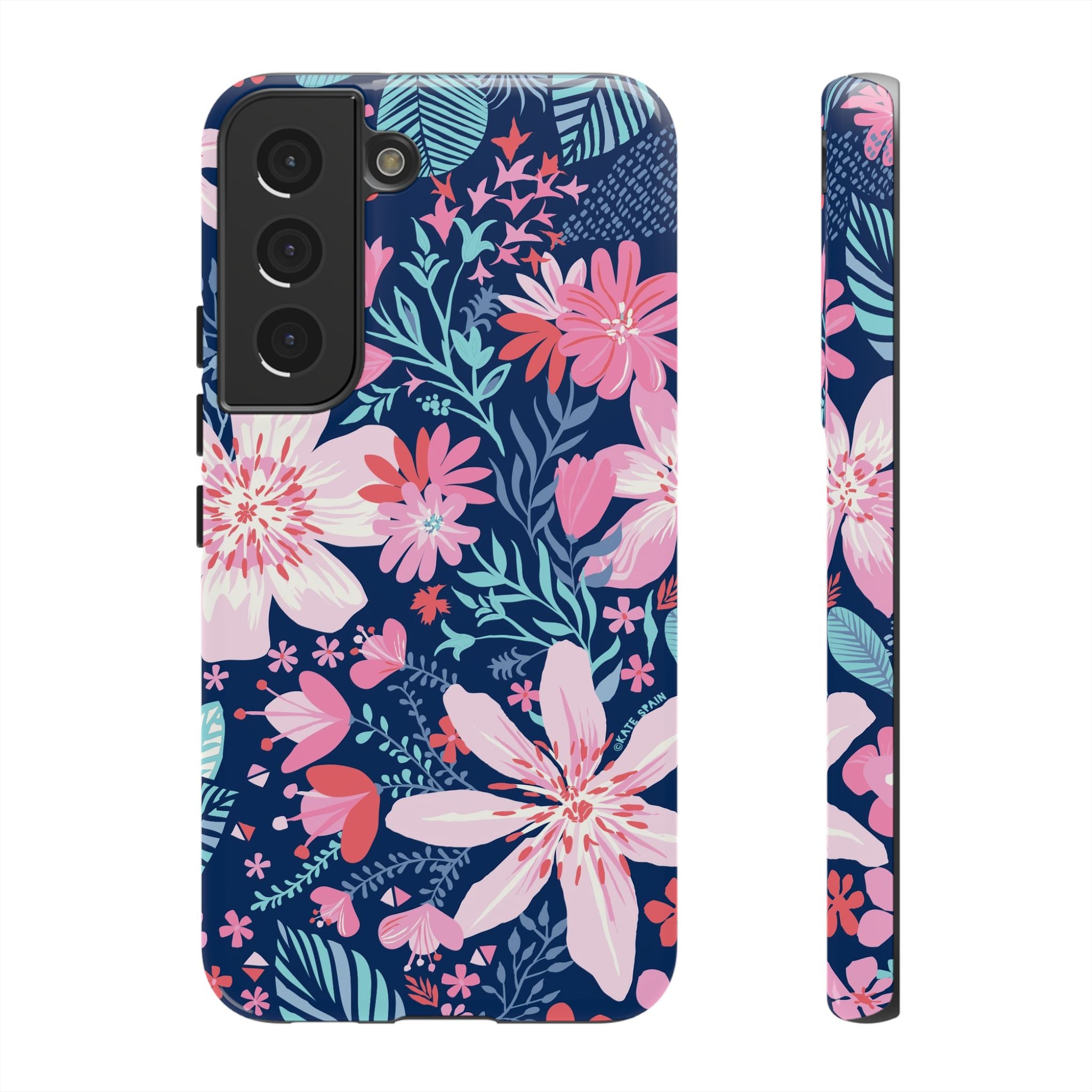 Tropical Bonaire Samsung Galaxy S22 Case – Glossy | navy, pink, white tropical floral botanical print