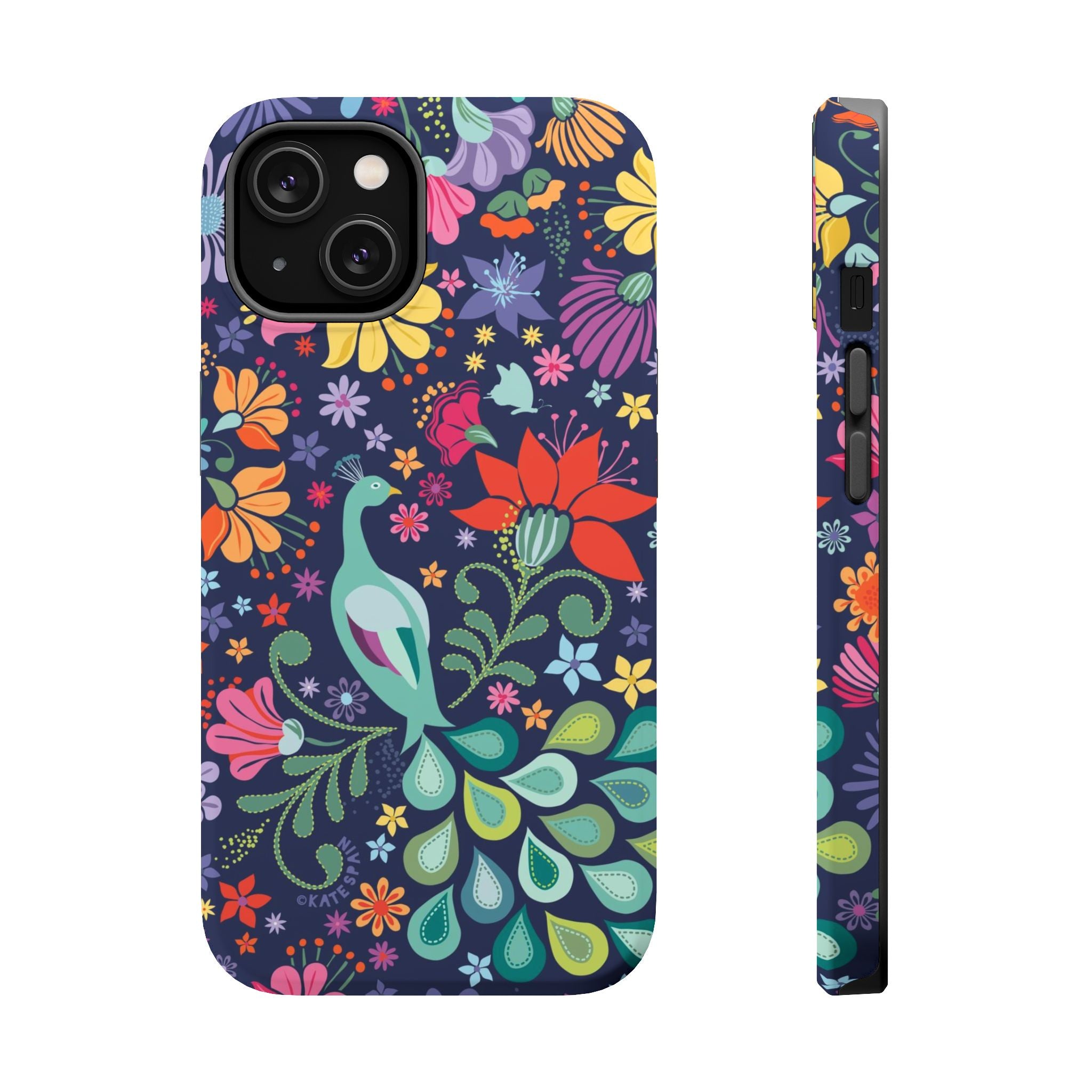 Peacock Sanctuary MagSafe iPhone 14 Case – Matte | navy, teal, ivory peacock botanical print MagSafe compatible, dual-layer protection