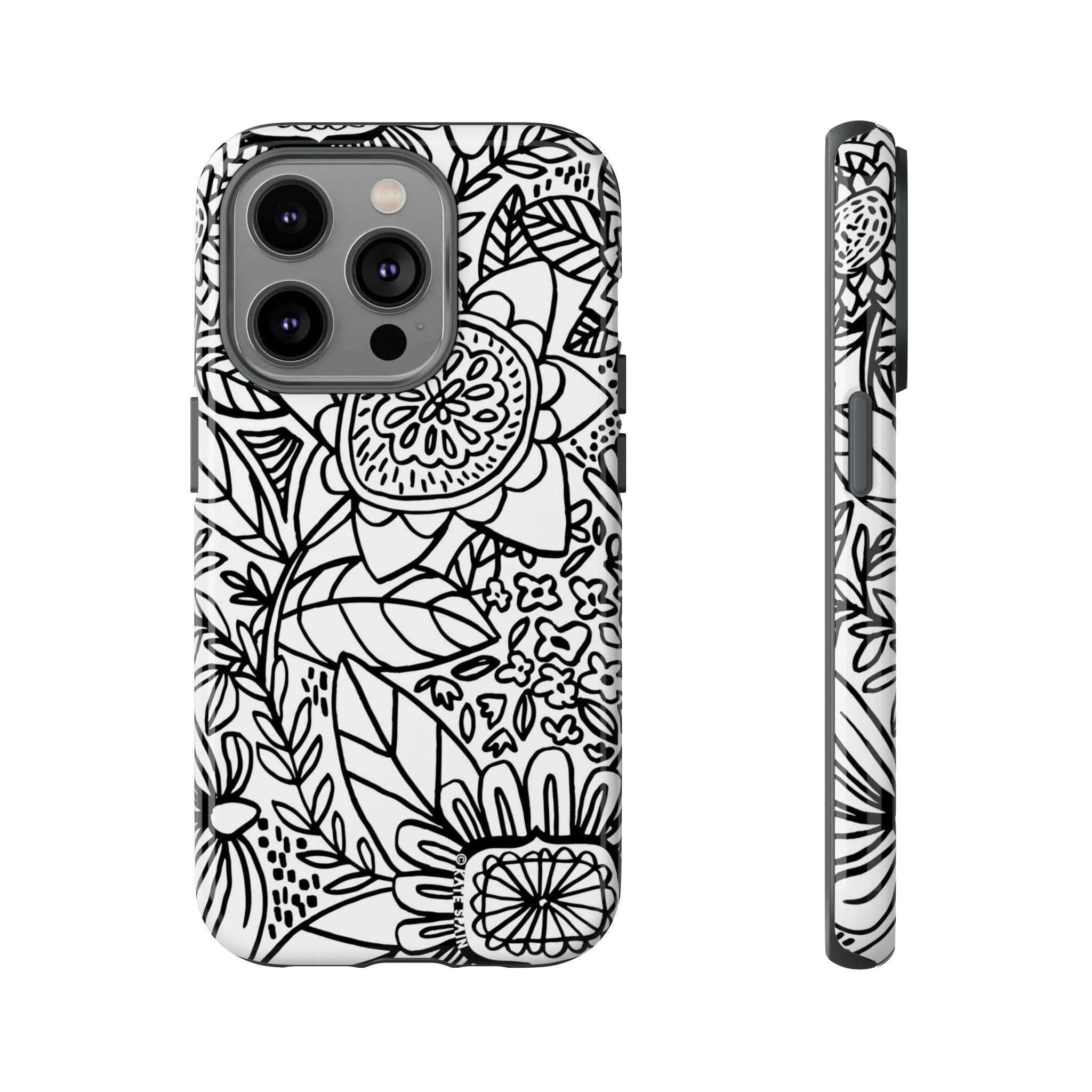 Esprit Tough iPhone 14 Pro Case – Glossy | white, black botanical line art floral print