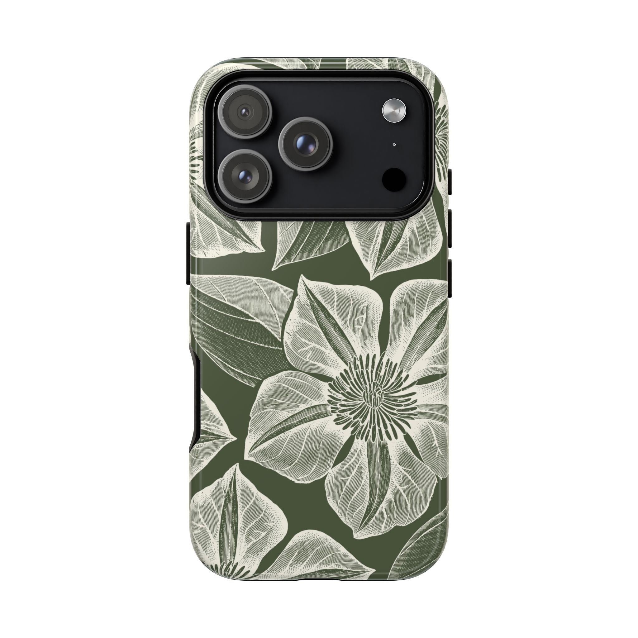 Vintage Bloom Cypress iPhone 17 Pro case – Glossy | cypress green ground, large-scale white clematis print, engraved petal detail, dual-layer protection