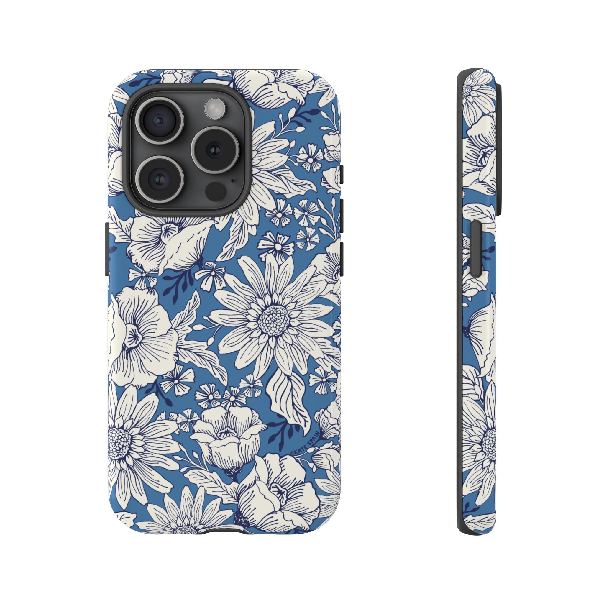 Jardin Tough iPhone 15 Pro Case – Glossy | blue and cream botanical garden print