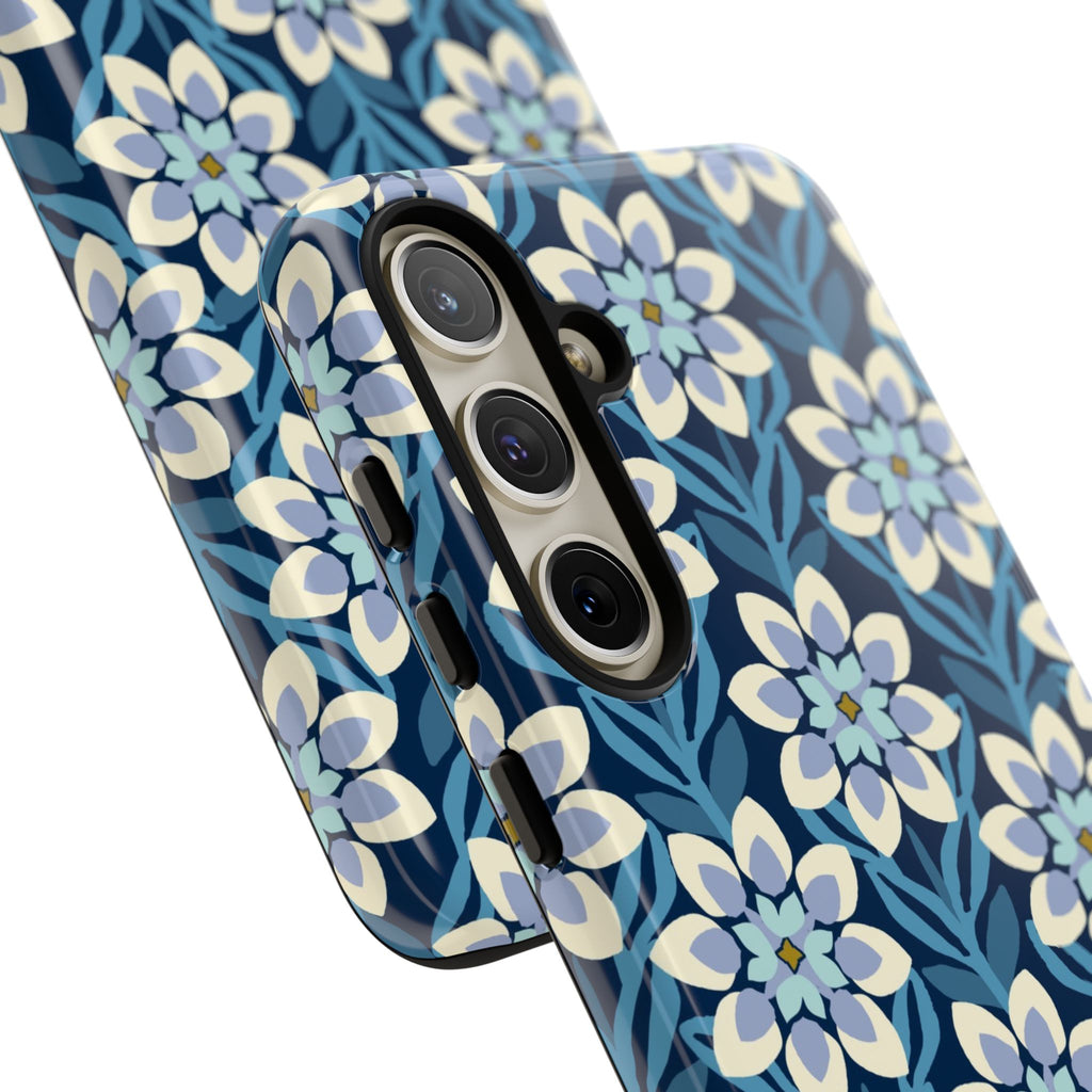 Luxury Modern Dahlia Samsung Galaxy S24 Plus Case – Glossy | close-up of 3 lenses in camera cut-out in case in navy, white, periwinkle modern dahlia print