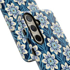 Luxury Modern Dahlia Samsung Galaxy S24 Plus Case – Glossy | close-up of 3 lenses in camera cut-out in case in navy, white, periwinkle modern dahlia print