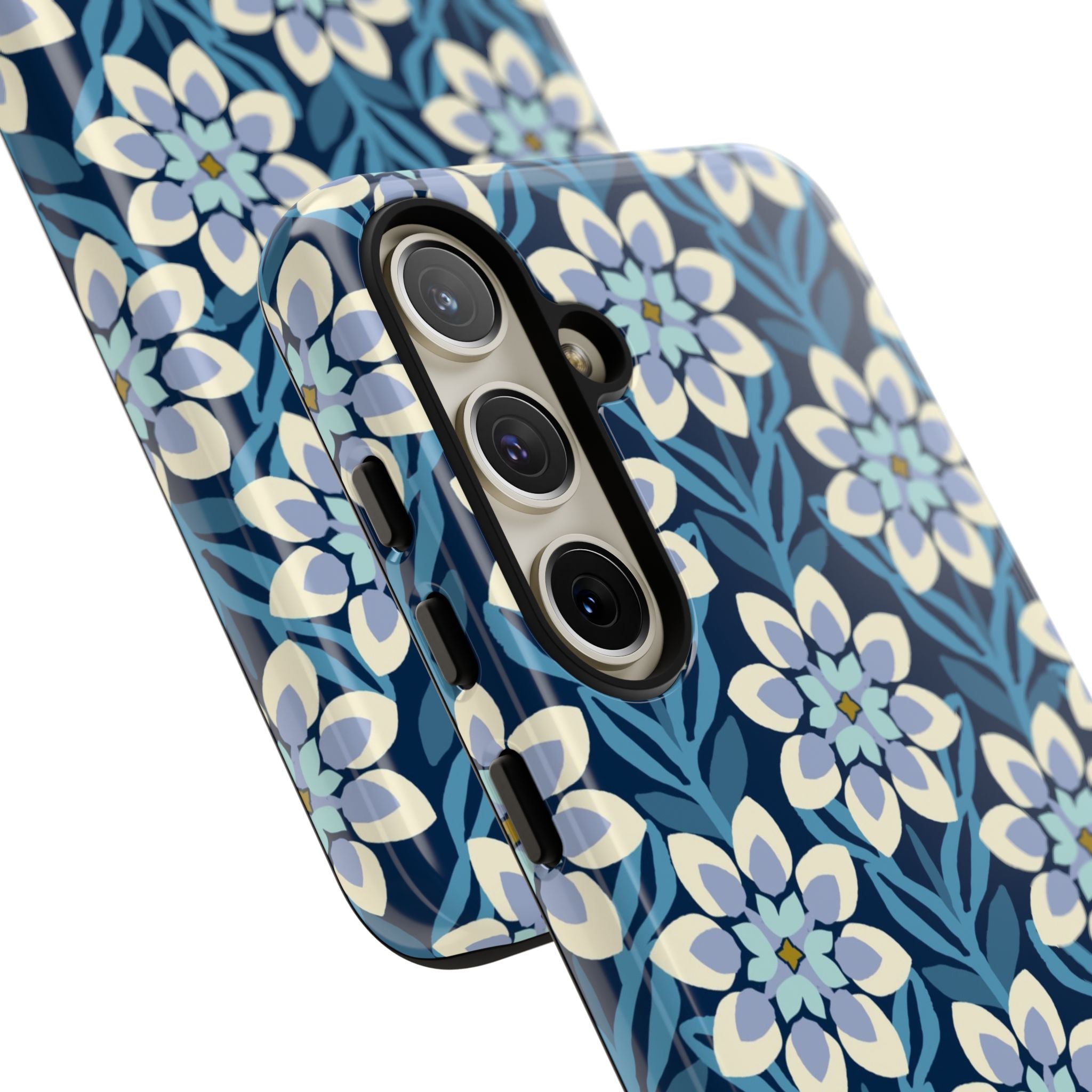 Luxury Modern Dahlia Samsung Galaxy S24 Plus Case – Glossy | close-up of 3 lenses in camera cut-out in case in navy, white, periwinkle modern dahlia print