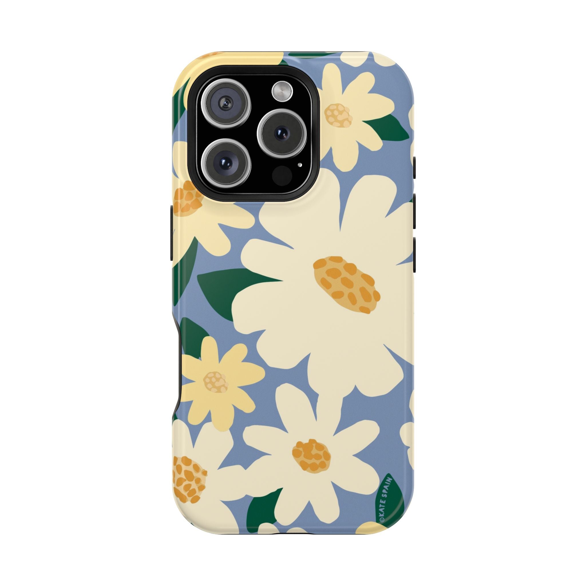Chamomile MagSafe iPhone 15 Pro Max Case – Glossy | periwinkle, cream, yellow botanical daisy floral print MagSafe compatible, dual-layer protection