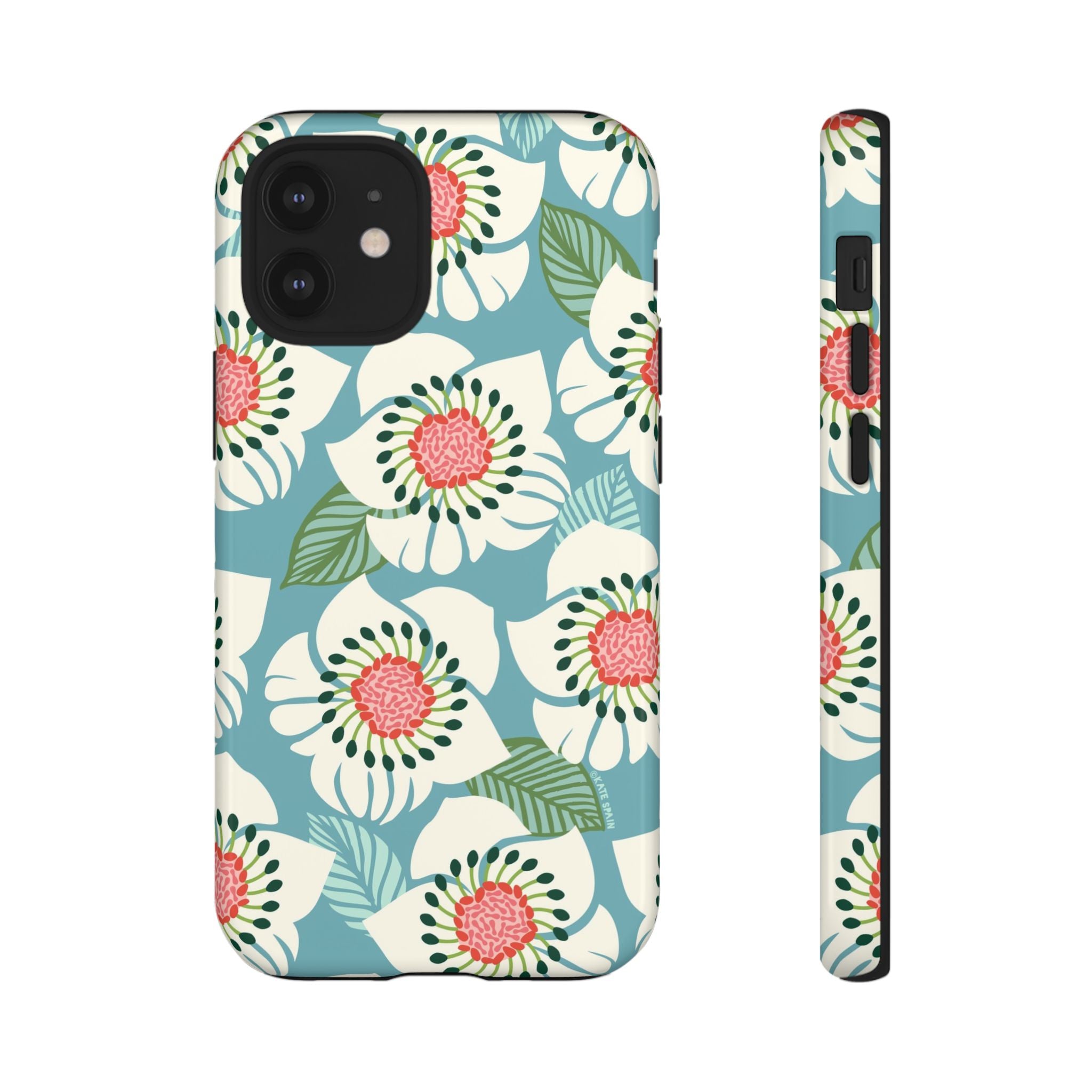 Panache Floral Tough iPhone 12 Mini Case – Glossy | sky blue, pale cream, pink anemone floral print