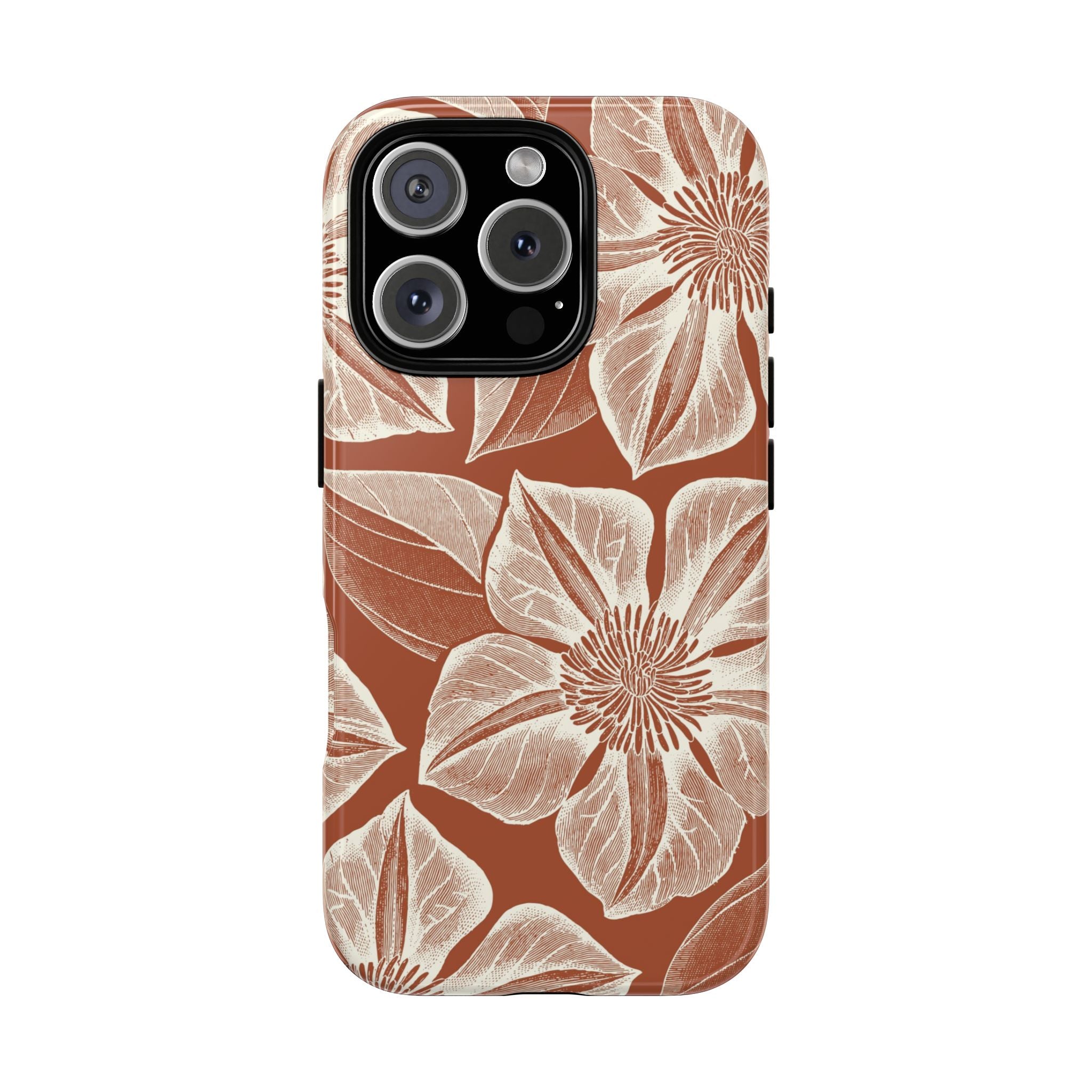 Vintage Bloom Sienna iPhone 16 Pro case – Glossy | sienna ground, large-scale cream clematis print, engraved petal detail, dual-layer protection