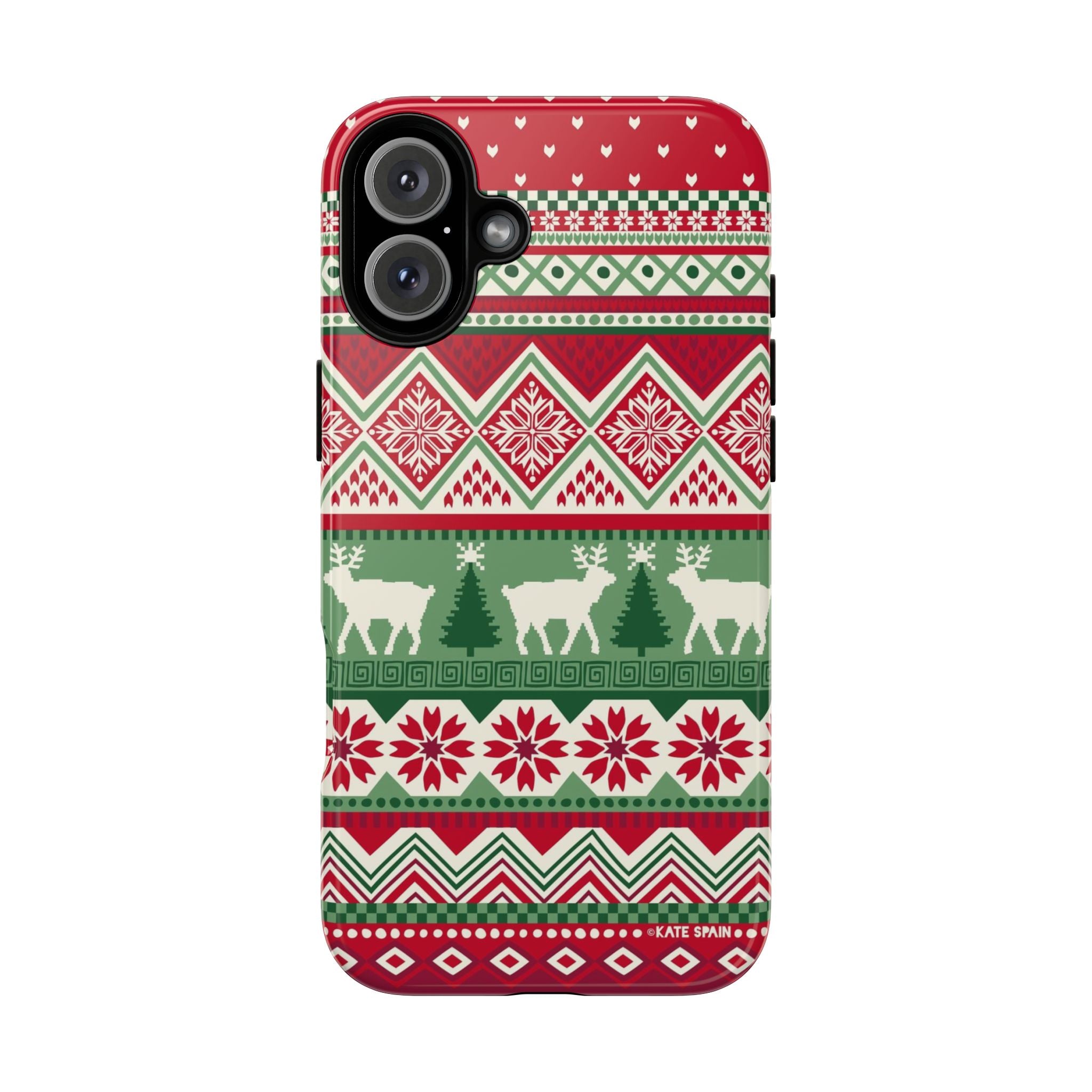 Telemark Tough iPhone 16 Plus Case – Glossy | red, green, cream fair isle reindeer Nordic print