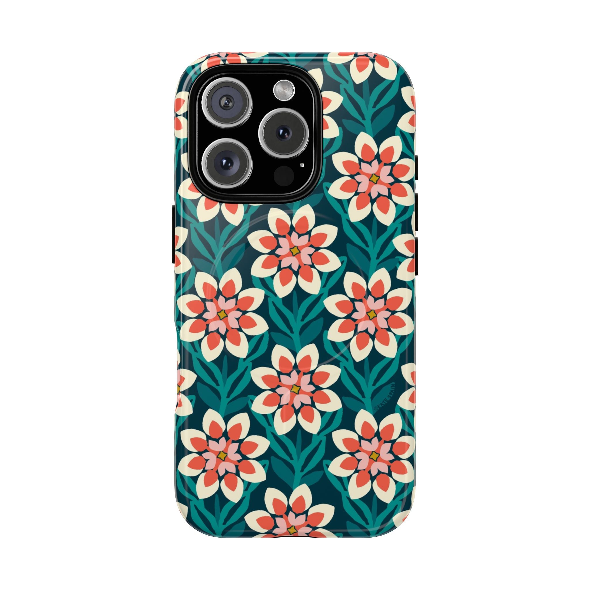 Modern Dahlia MagSafe iPhone 16 Pro Case – Glossy | teal, coral, cream botanical dahlia floral print