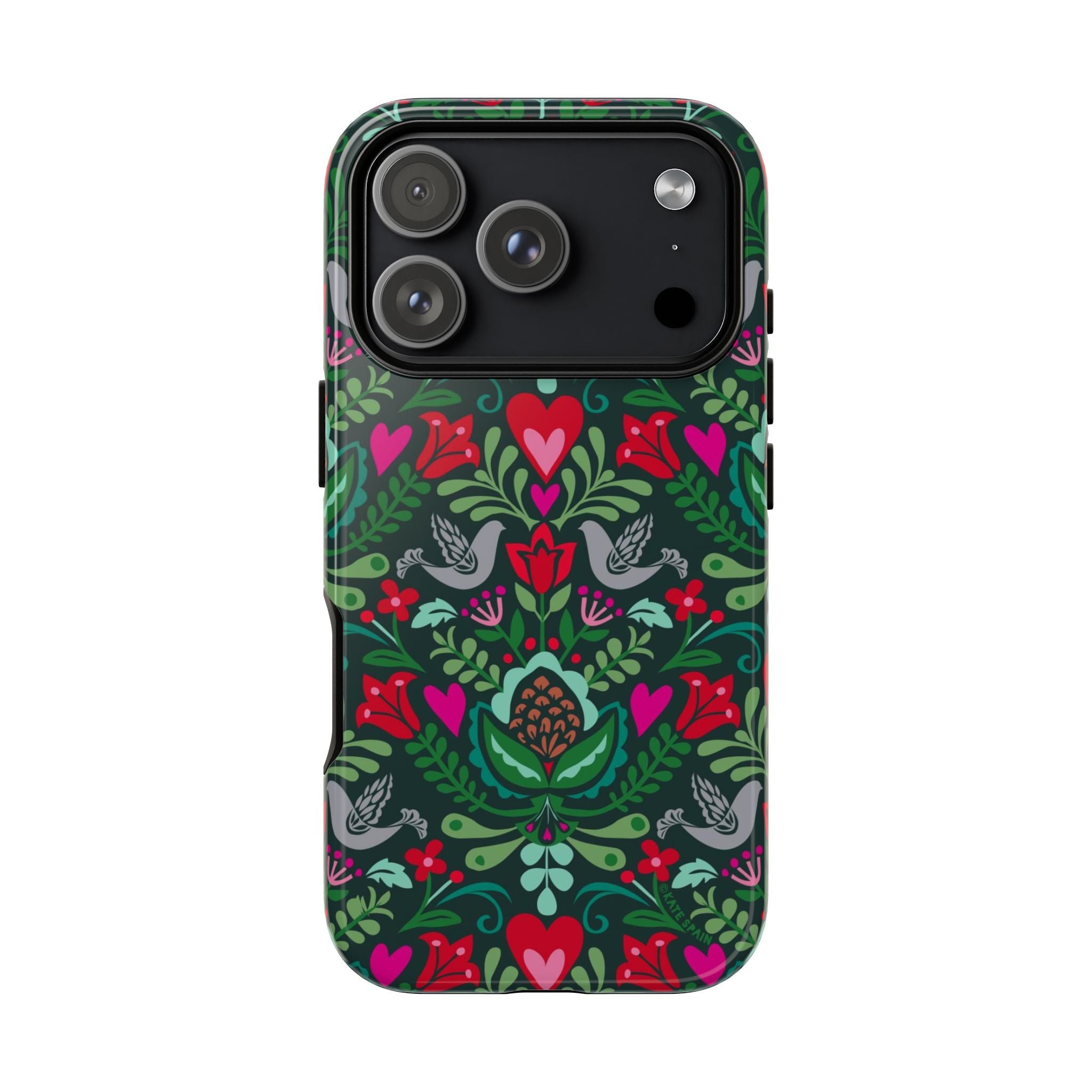 Rosemaling Tough iPhone 17 Pro Case – Glossy | dark green, red, pink, gray folk art floral bird print