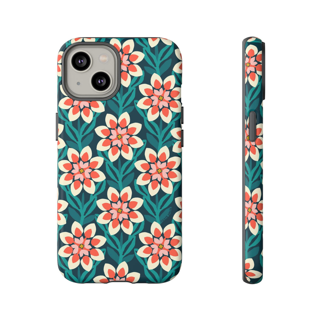 Modern Dahlia Tough iPhone 14 Case – Matte  | teal, coral, cream geometric dahlia floral print