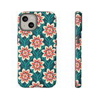 Modern Dahlia Tough iPhone 14 Case – Matte  | teal, coral, cream geometric dahlia floral print