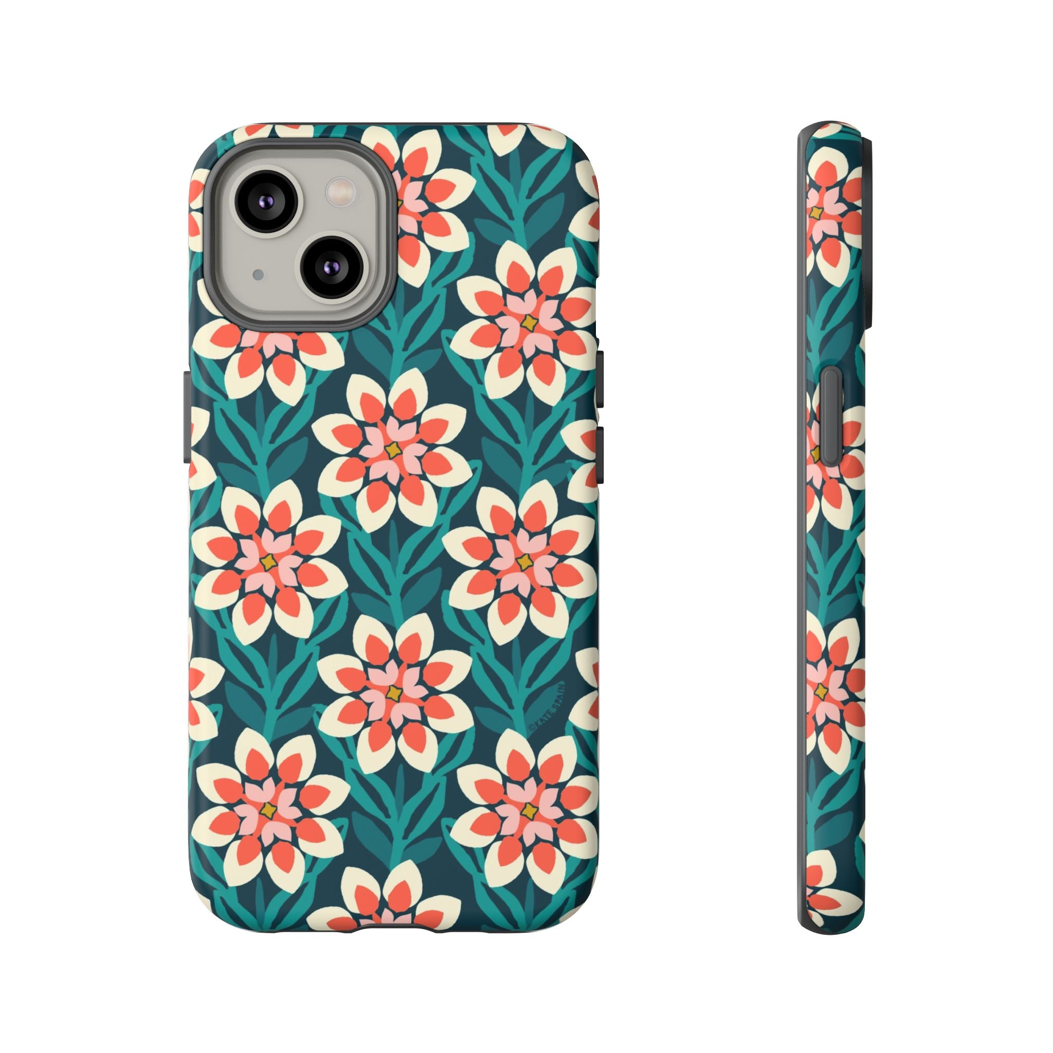 Modern Dahlia Tough iPhone 14 Case – Matte  | teal, coral, cream geometric dahlia floral print